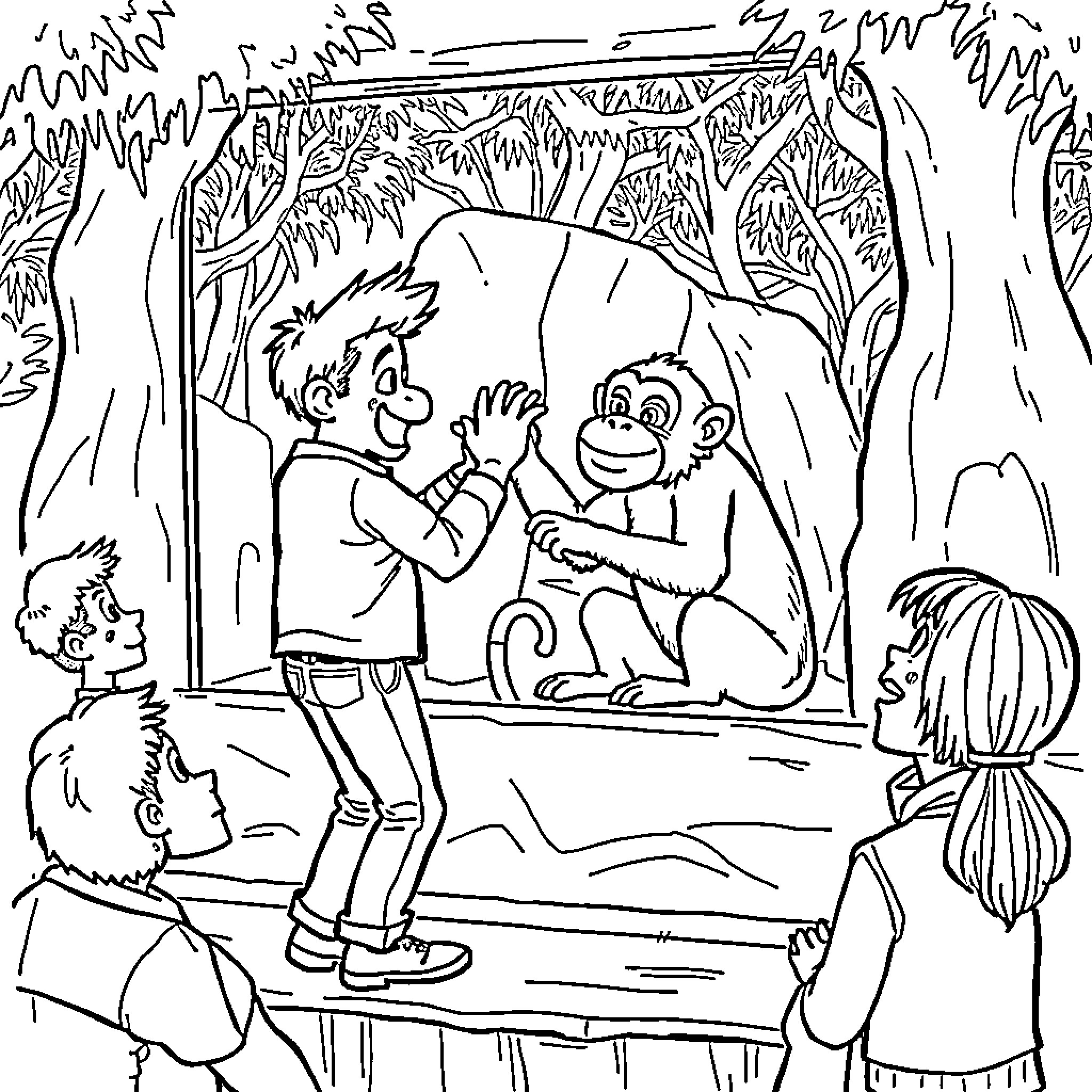 Jax Teller interacts with a friendly monkey in the forest Coloring Page (free black-and-white line drawing printable PDF for all, from beginners to advanced learners, including children, teens, adults, and seniors)