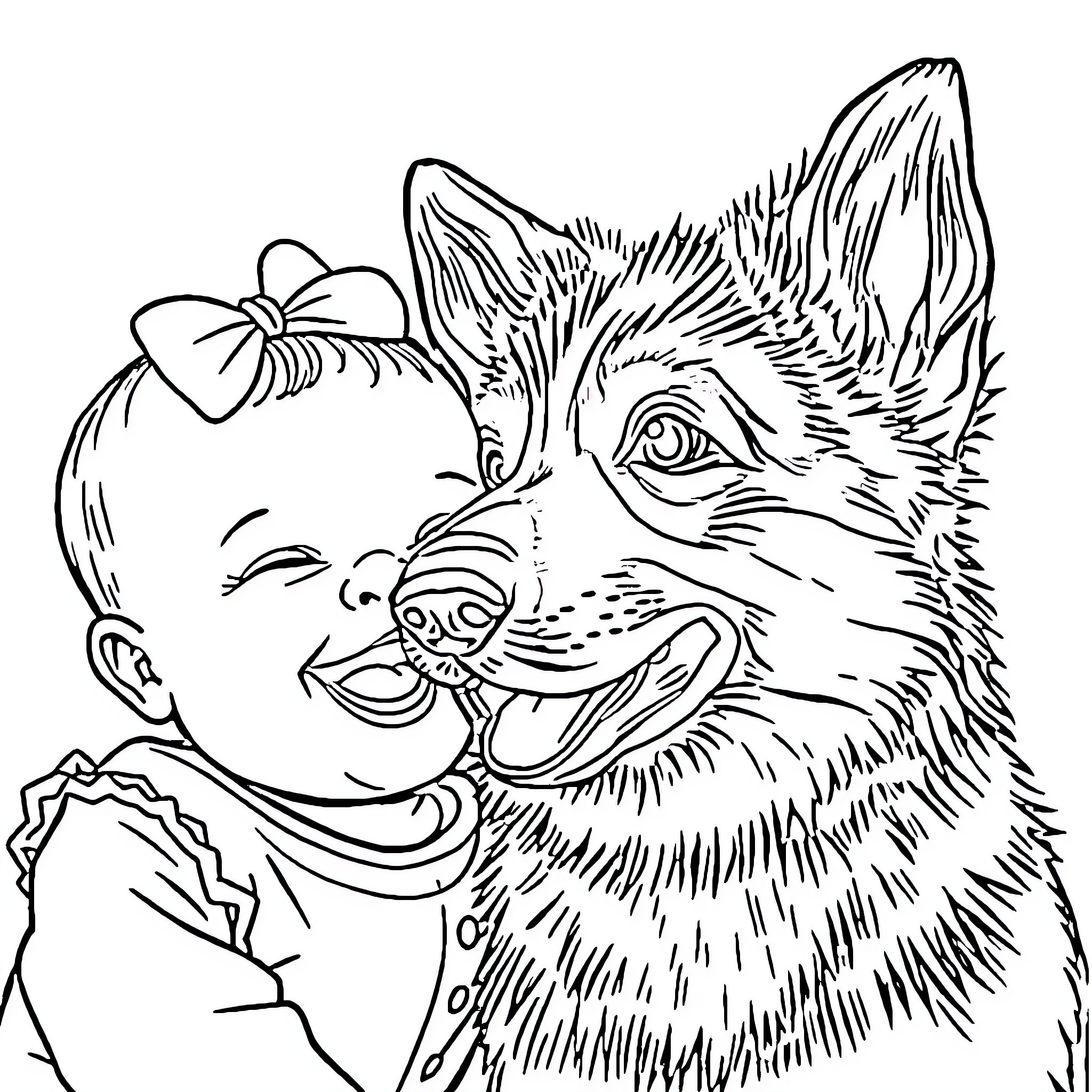 German Shepherd playing with child in the park Coloring Page (free black-and-white line drawing printable PDF for all, from beginners to advanced learners, including children, teens, adults, and seniors)