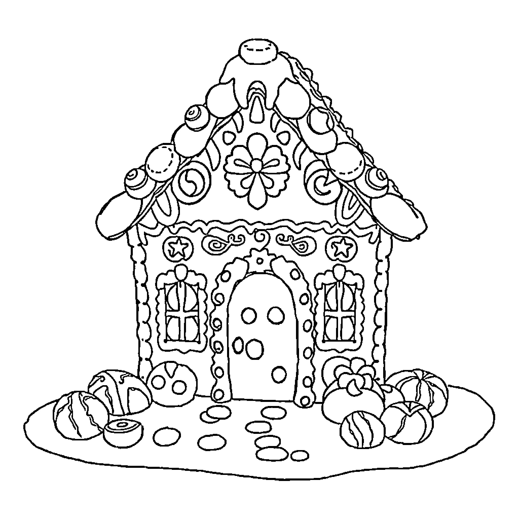 Gingerbread House with Whimsical Decorations Coloring Page (free black-and-white line drawing printable PDF for all, from beginners to advanced learners, including children, teens, adults, and seniors)