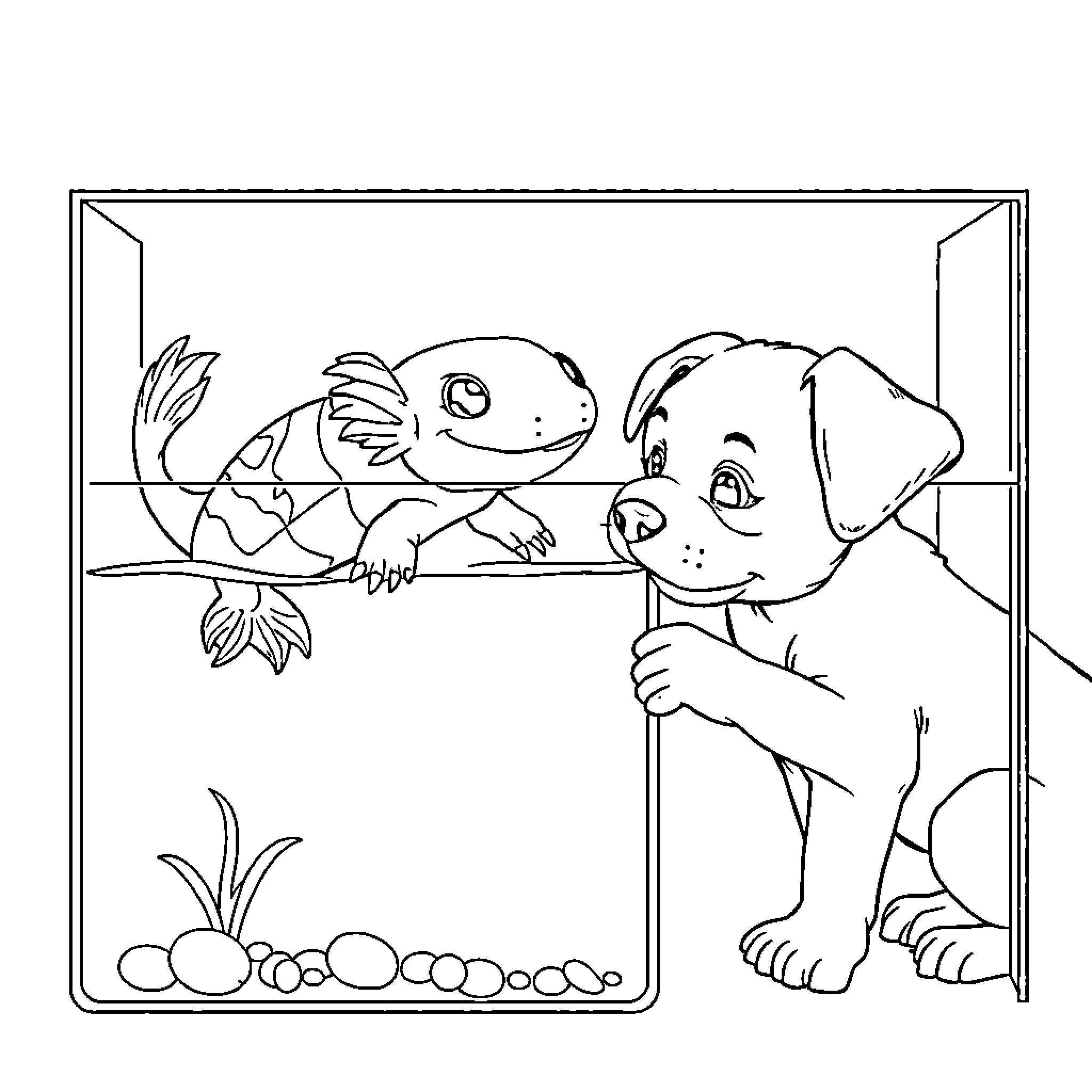 Axolotl and Puppy at the Aquarium Coloring Page (free black-and-white line drawing printable PDF for all, from beginners to advanced learners, including children, teens, adults, and seniors)