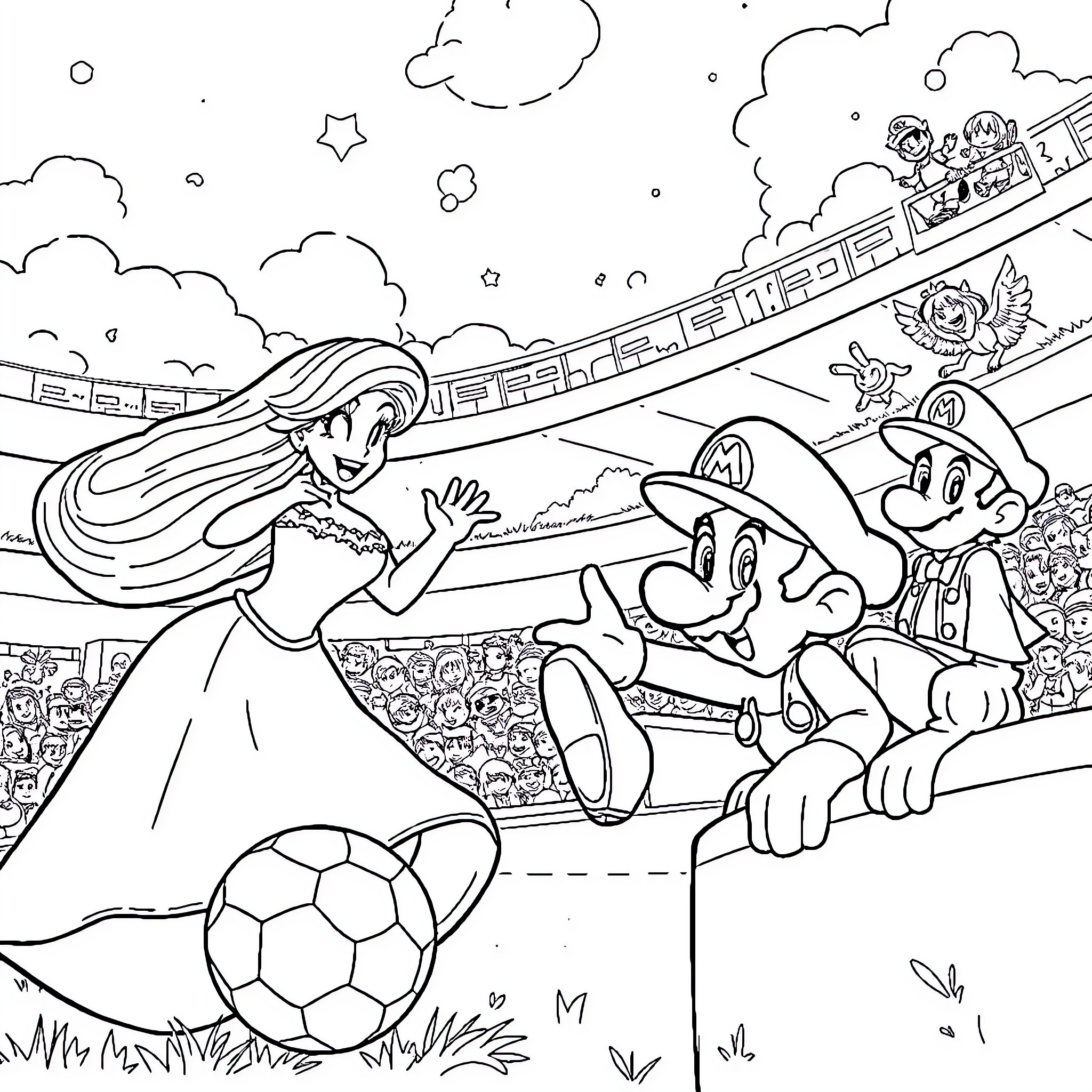 Princess and her Friends Playing Soccer on Train Tracks Coloring Page (free black-and-white line drawing printable PDF for all, from beginners to advanced learners, including children, teens, adults, and seniors)