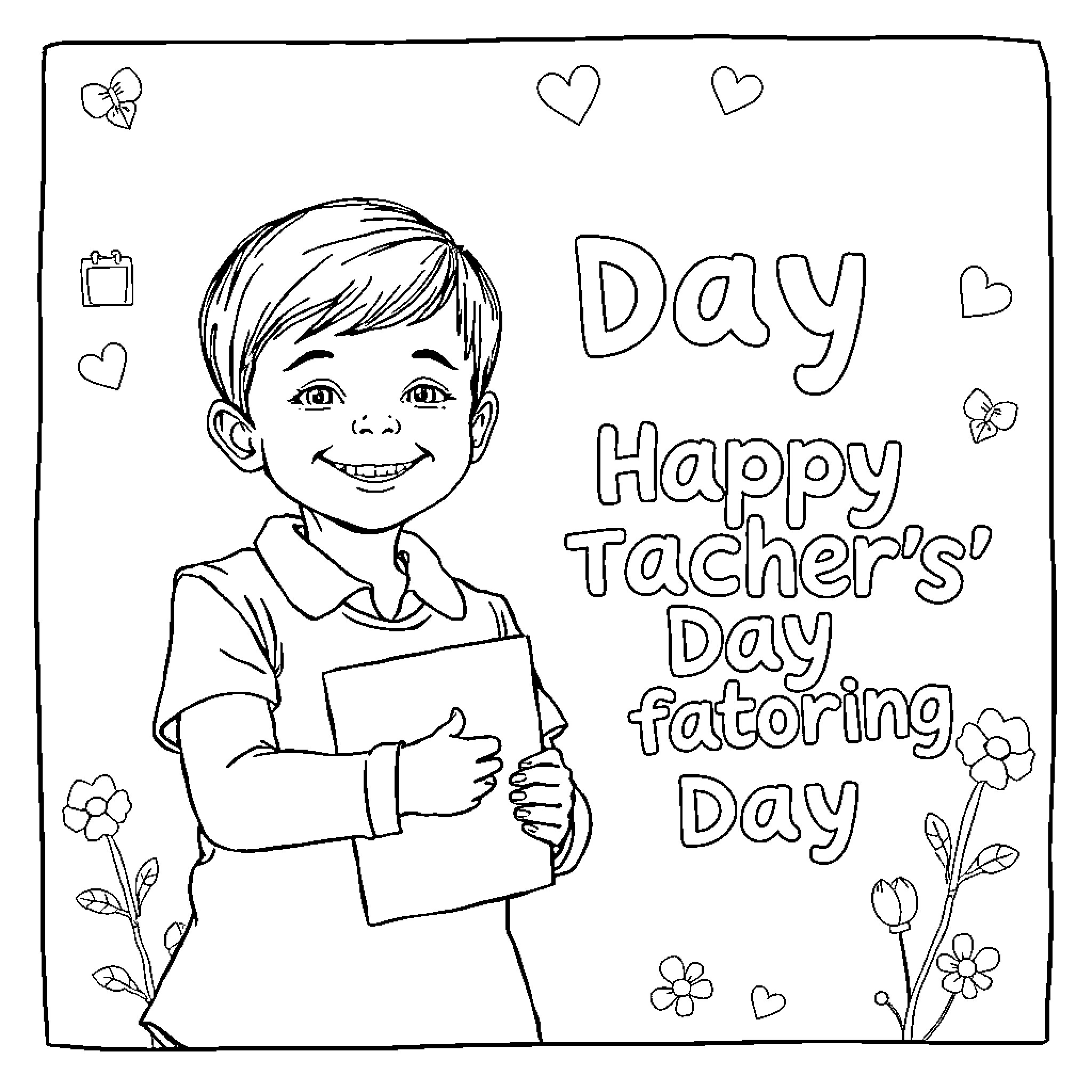 Teacher happily celebrating Teachers' Day with tutoring Coloring Page (free black-and-white line drawing printable PDF for all, from beginners to advanced learners, including children, teens, adults, and seniors)