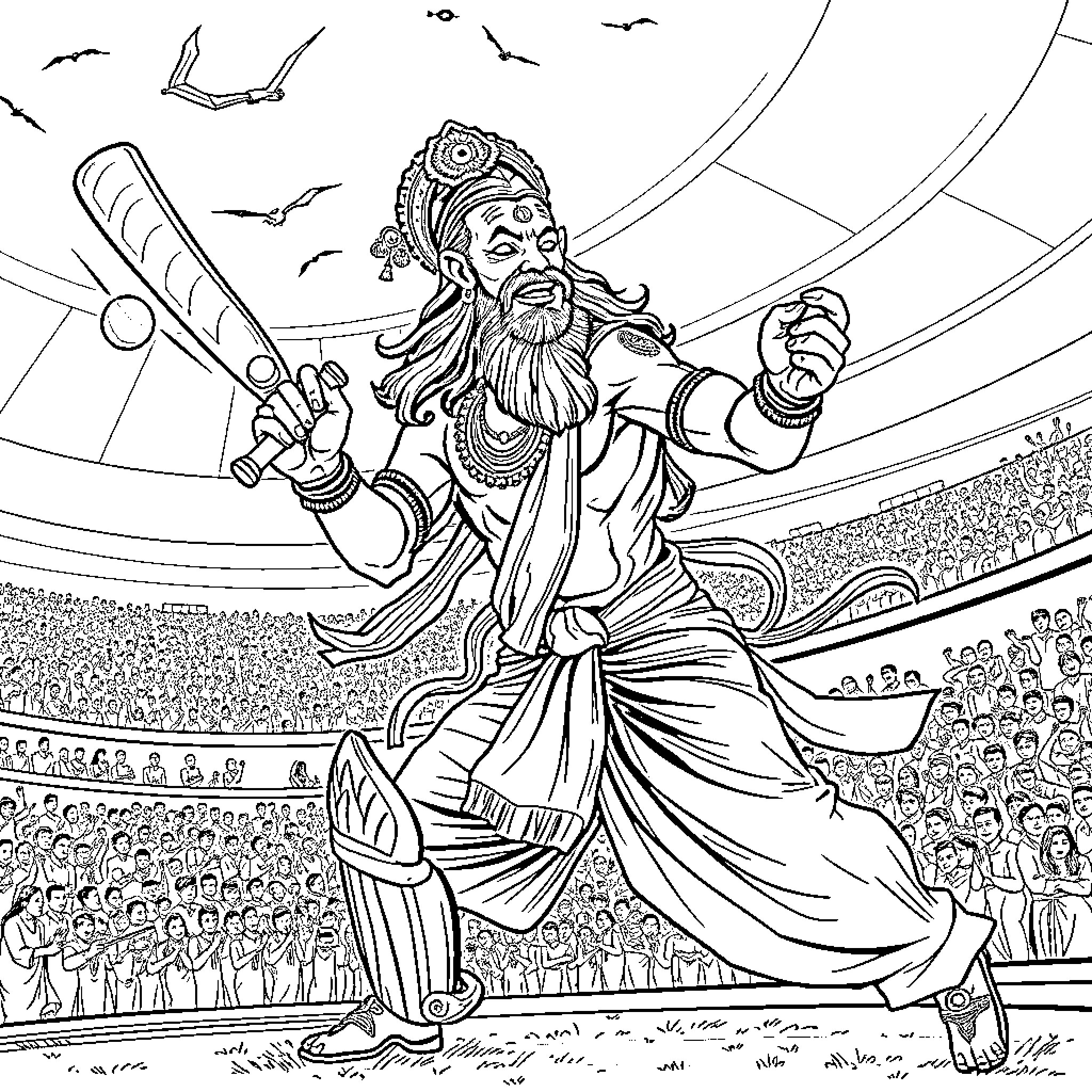 Lord Hanuman performing heroic actions in a grand arena Coloring Page (free black-and-white line drawing printable PDF for all, from beginners to advanced learners, including children, teens, adults, and seniors)