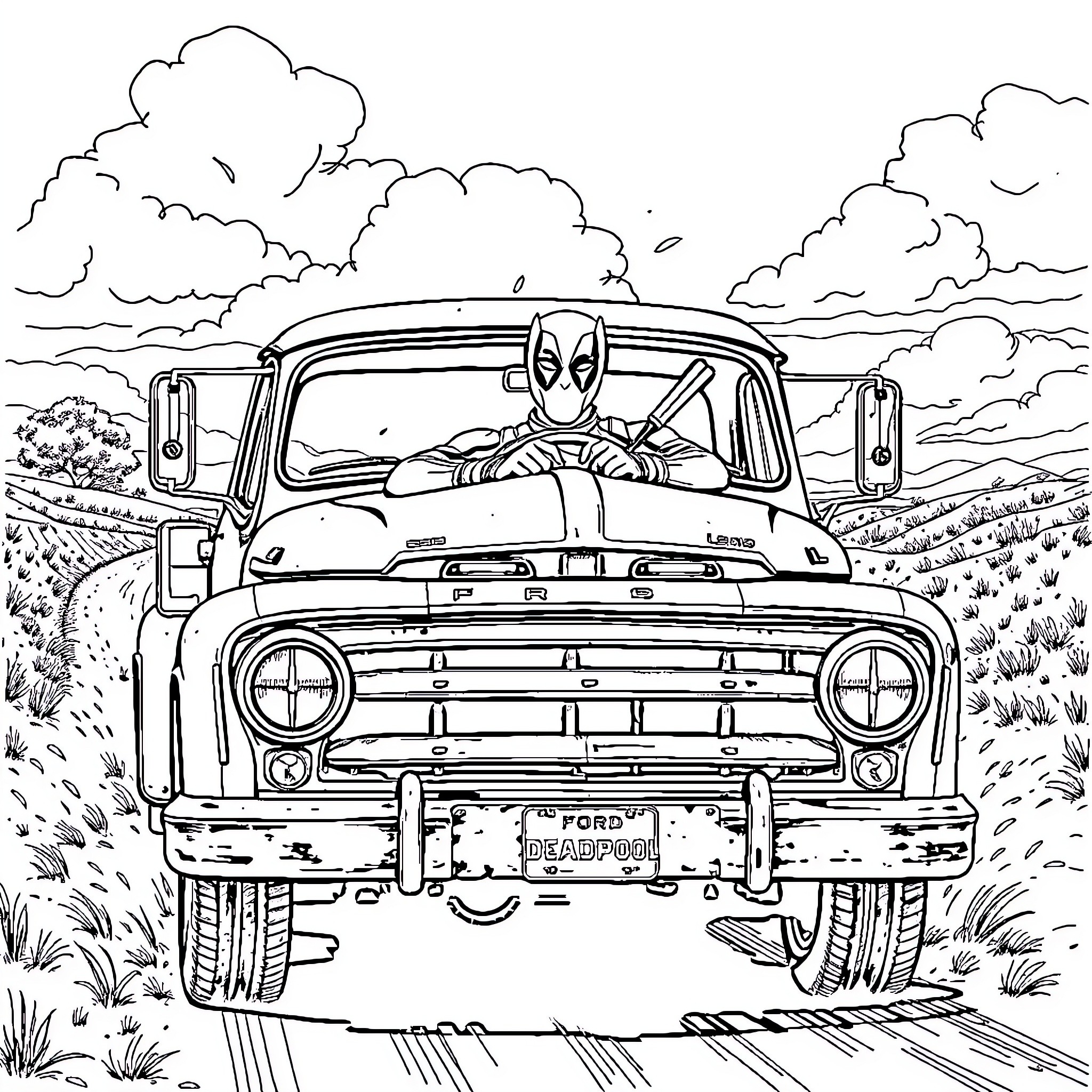 Deadpool driving an old Ford truck through a rural landscape Coloring Page (free black-and-white line drawing printable PDF for all, from beginners to advanced learners, including children, teens, adults, and seniors)