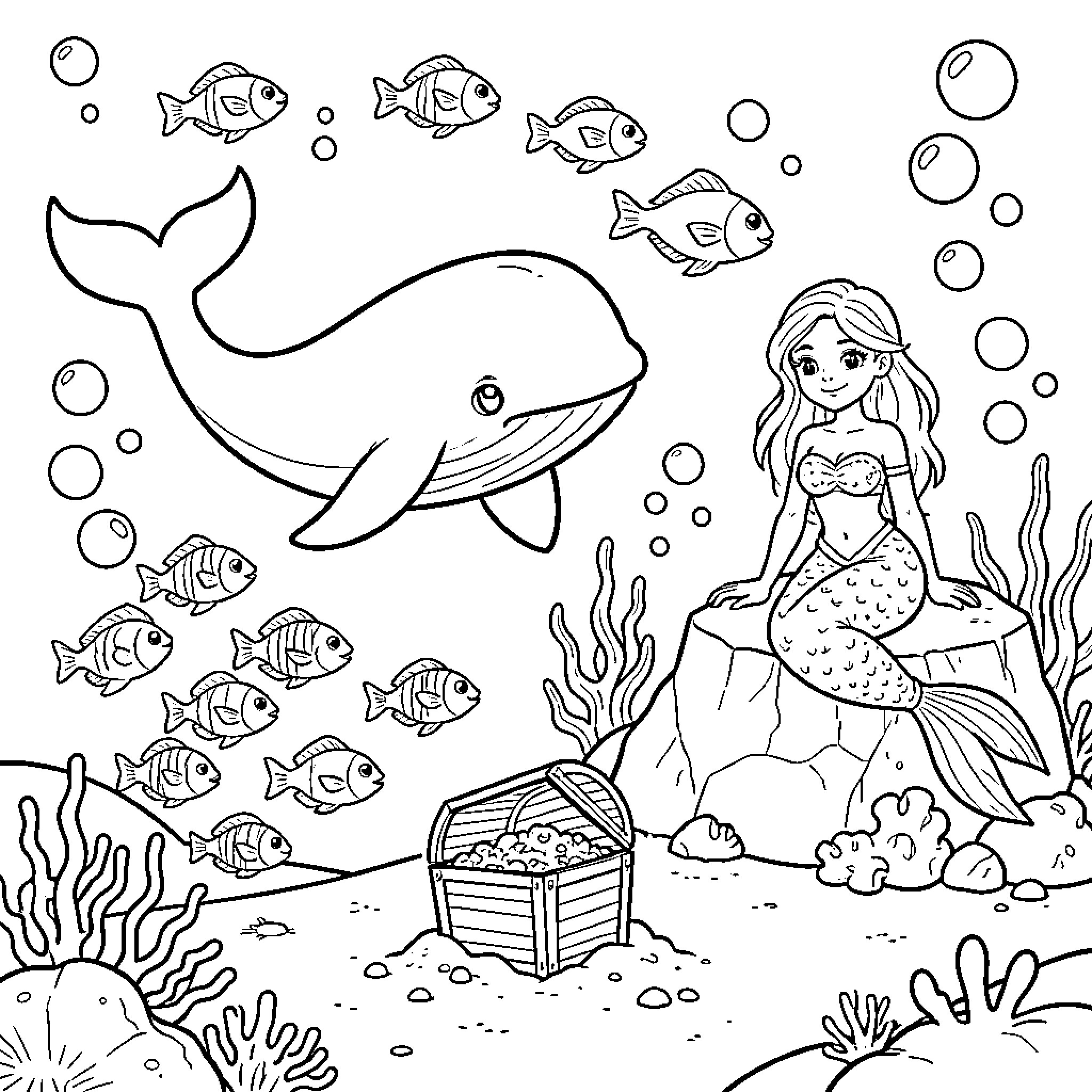 Whale swimming near a mermaid and treasure chest Coloring Page (free black-and-white line drawing printable PDF for all, from beginners to advanced learners, including children, teens, adults, and seniors)