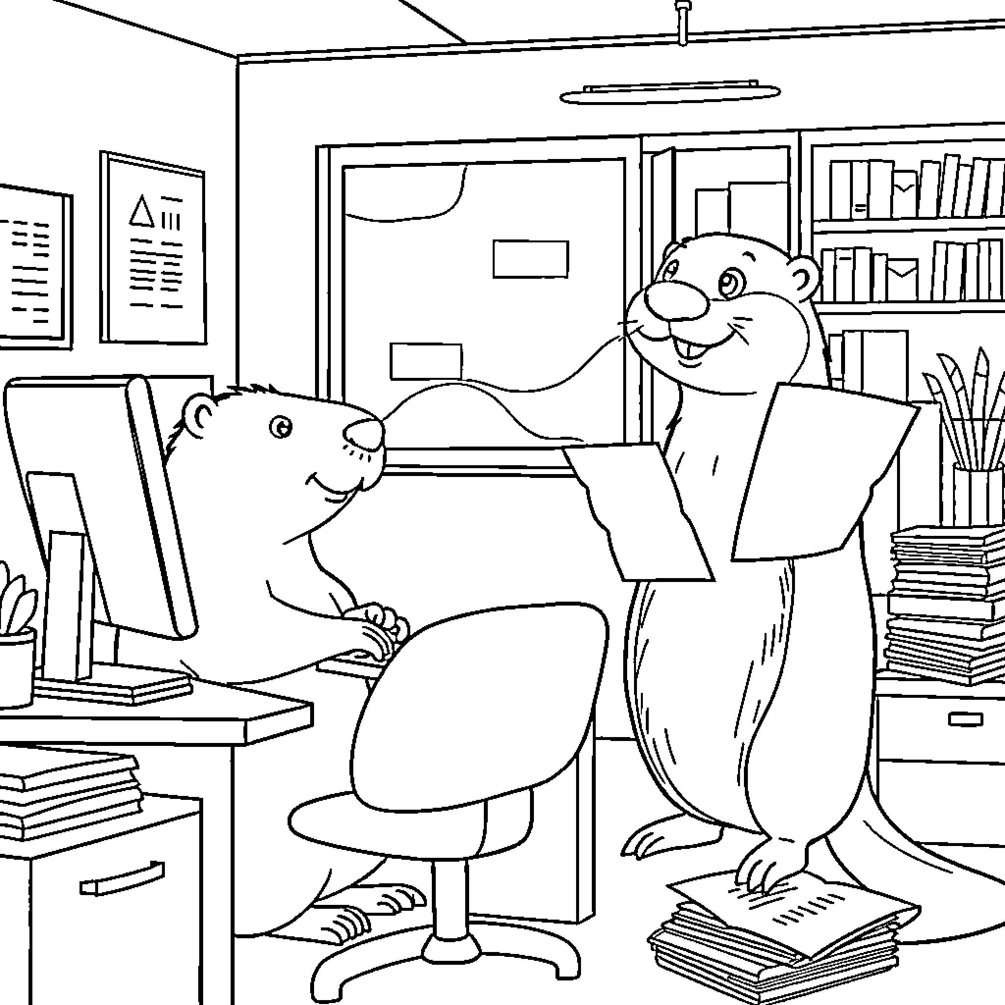 Capybaras working together in the office Coloring Page (free black-and-white line drawing printable PDF for all, from beginners to advanced learners, including children, teens, adults, and seniors)
