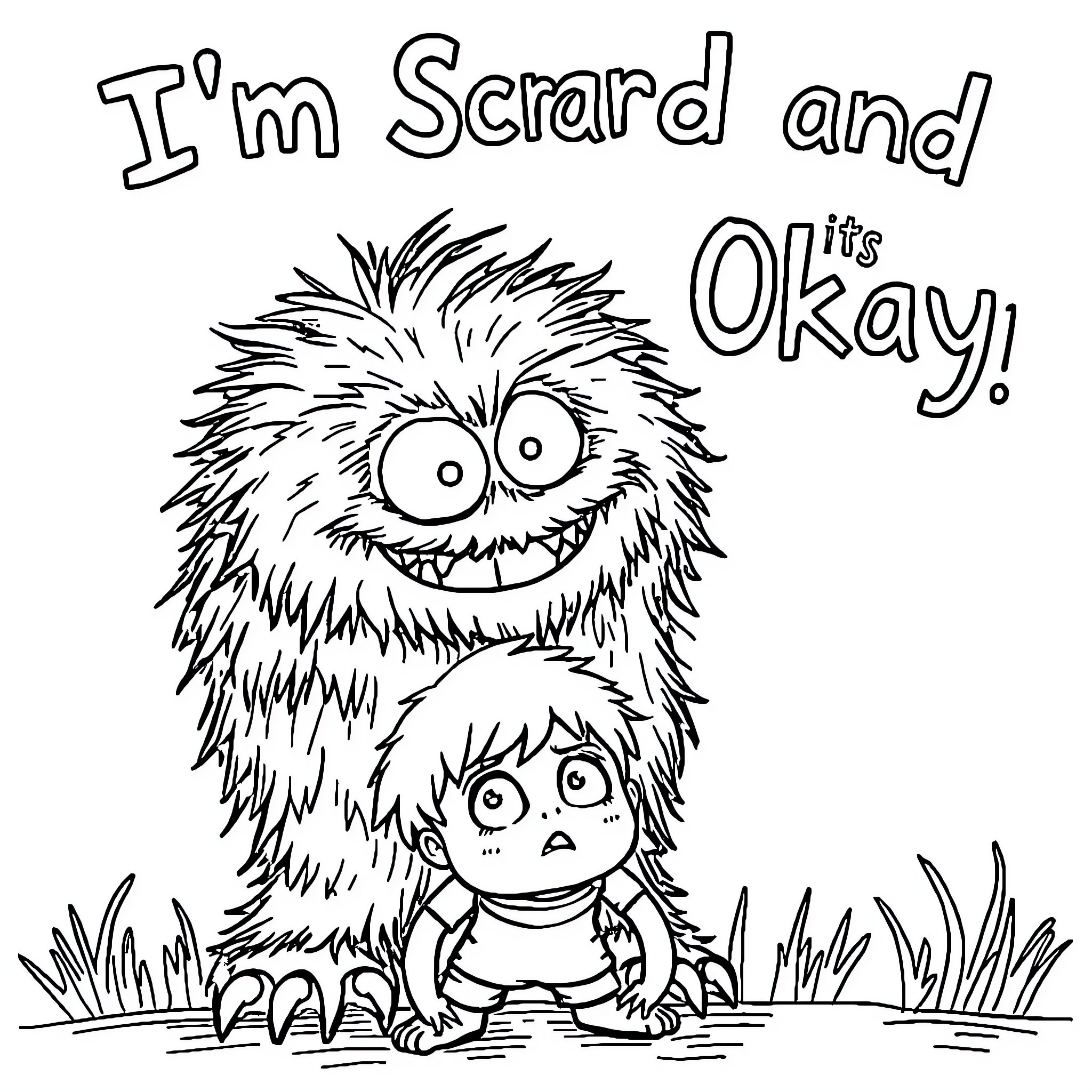 Monster saying 'I'm scared and it's okay' Coloring Page (free black-and-white line drawing printable PDF for all, from beginners to advanced learners, including children, teens, adults, and seniors)