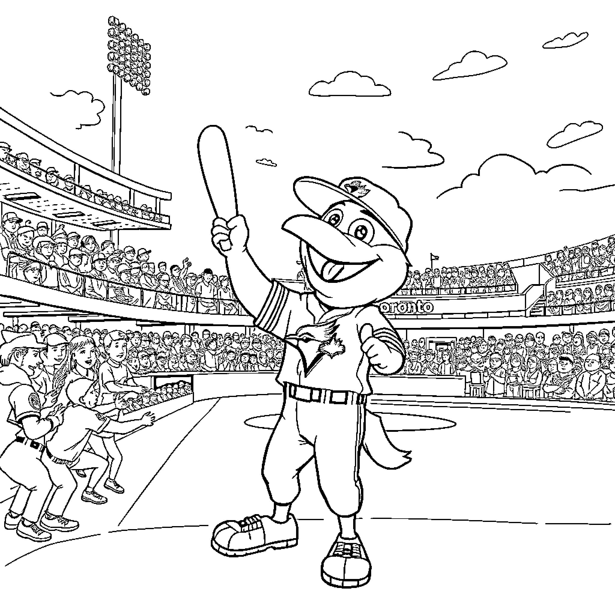 Blue Jay baseball player hitting home run in stadium Coloring Page (free black-and-white line drawing printable PDF for all, from beginners to advanced learners, including children, teens, adults, and seniors)