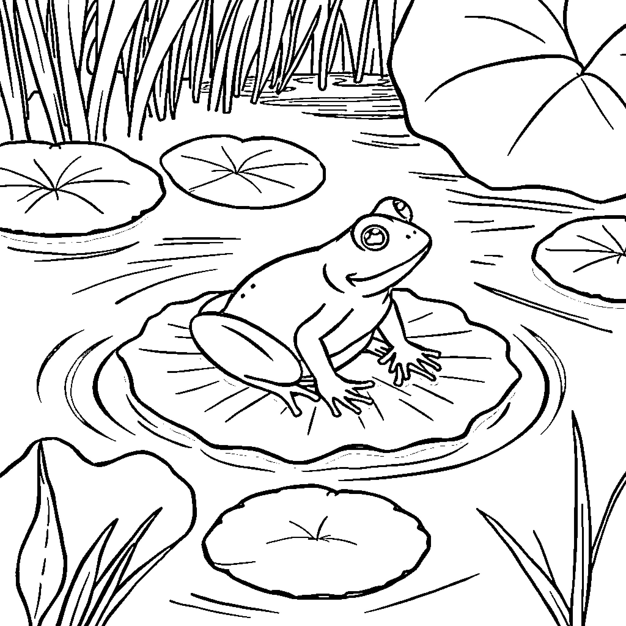 Frog sitting on a lily pad in the pond Coloring Page (free black-and-white line drawing printable PDF for all, from beginners to advanced learners, including children, teens, adults, and seniors)