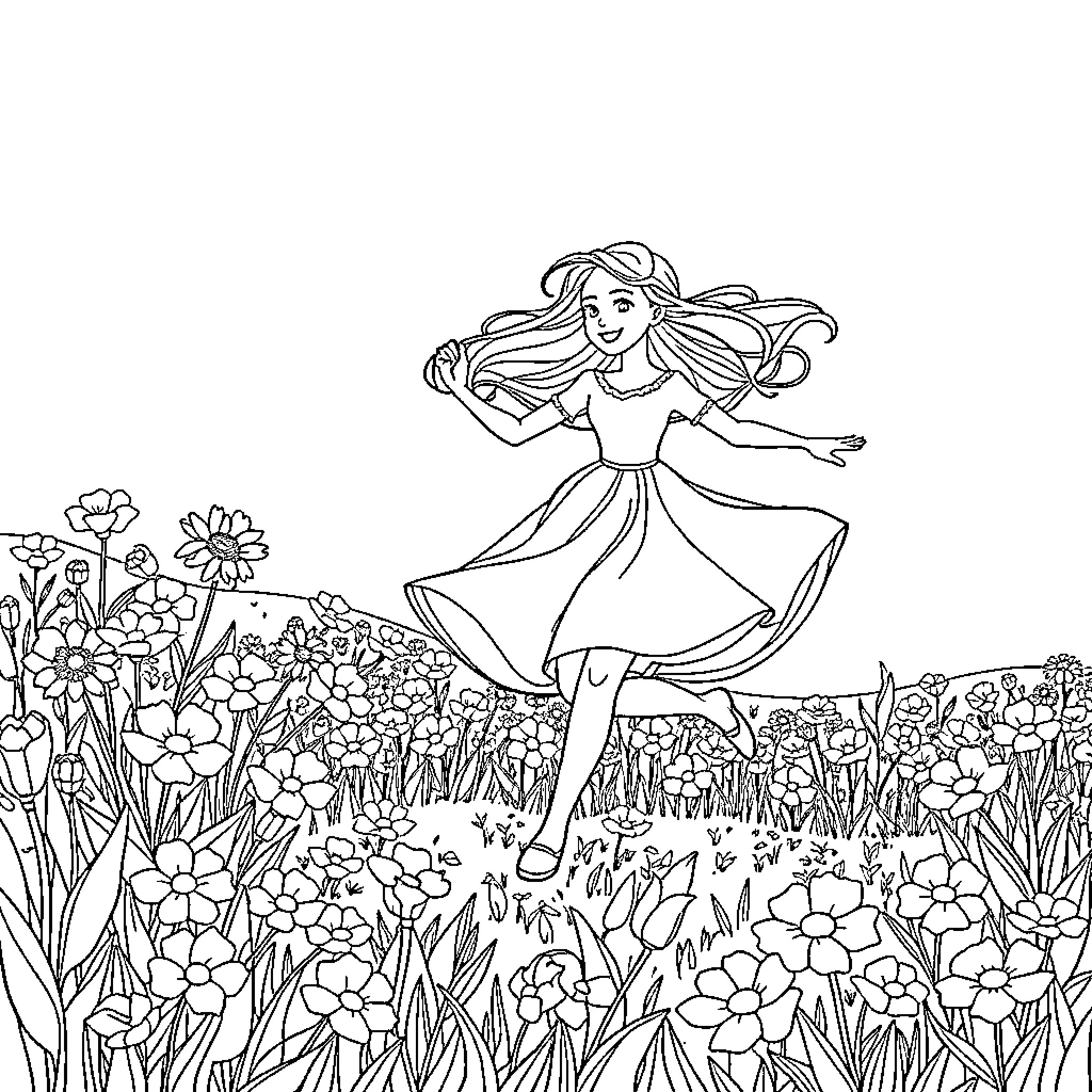Princess Frolicking in Floral Field Coloring Page (free black-and-white line drawing printable PDF for all, from beginners to advanced learners, including children, teens, adults, and seniors)