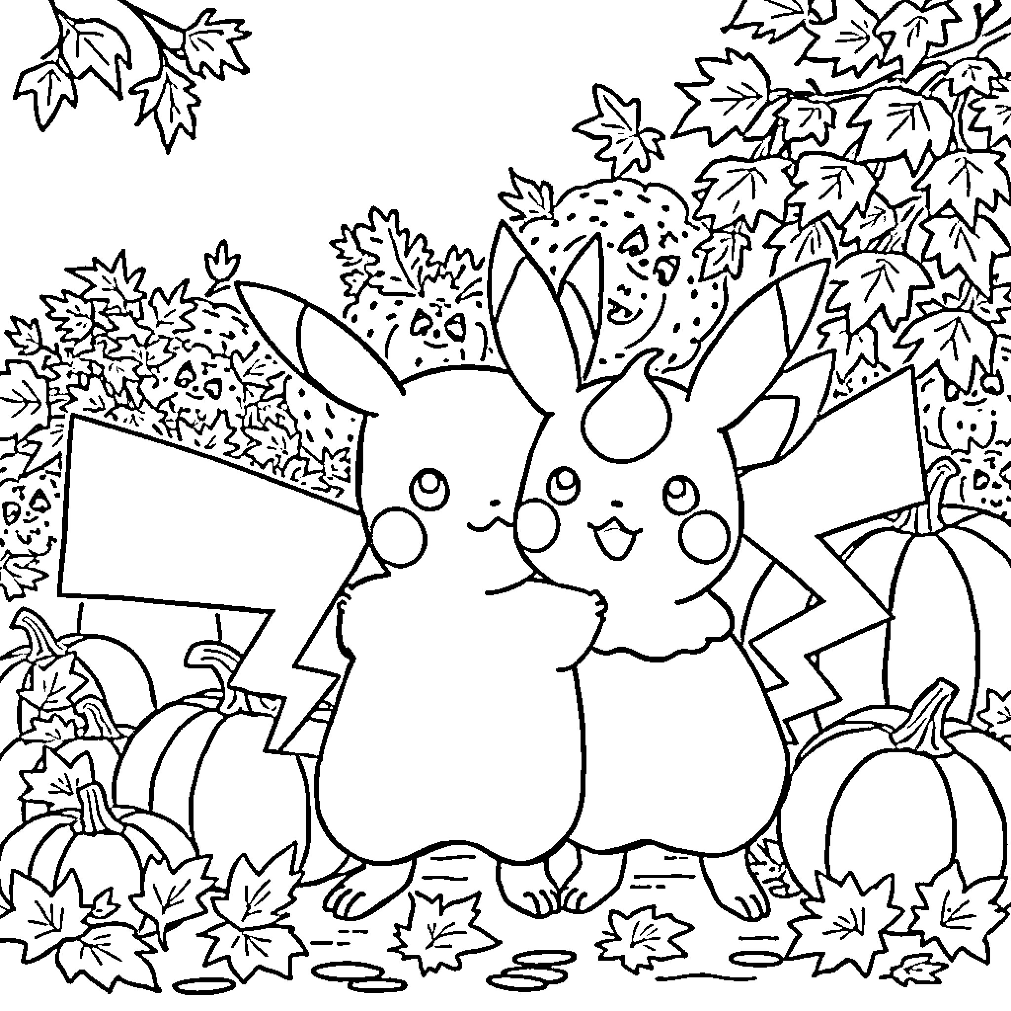 Pikachu enjoying a fall day in the leaves Coloring Page (free black-and-white line drawing printable PDF for all, from beginners to advanced learners, including children, teens, adults, and seniors)