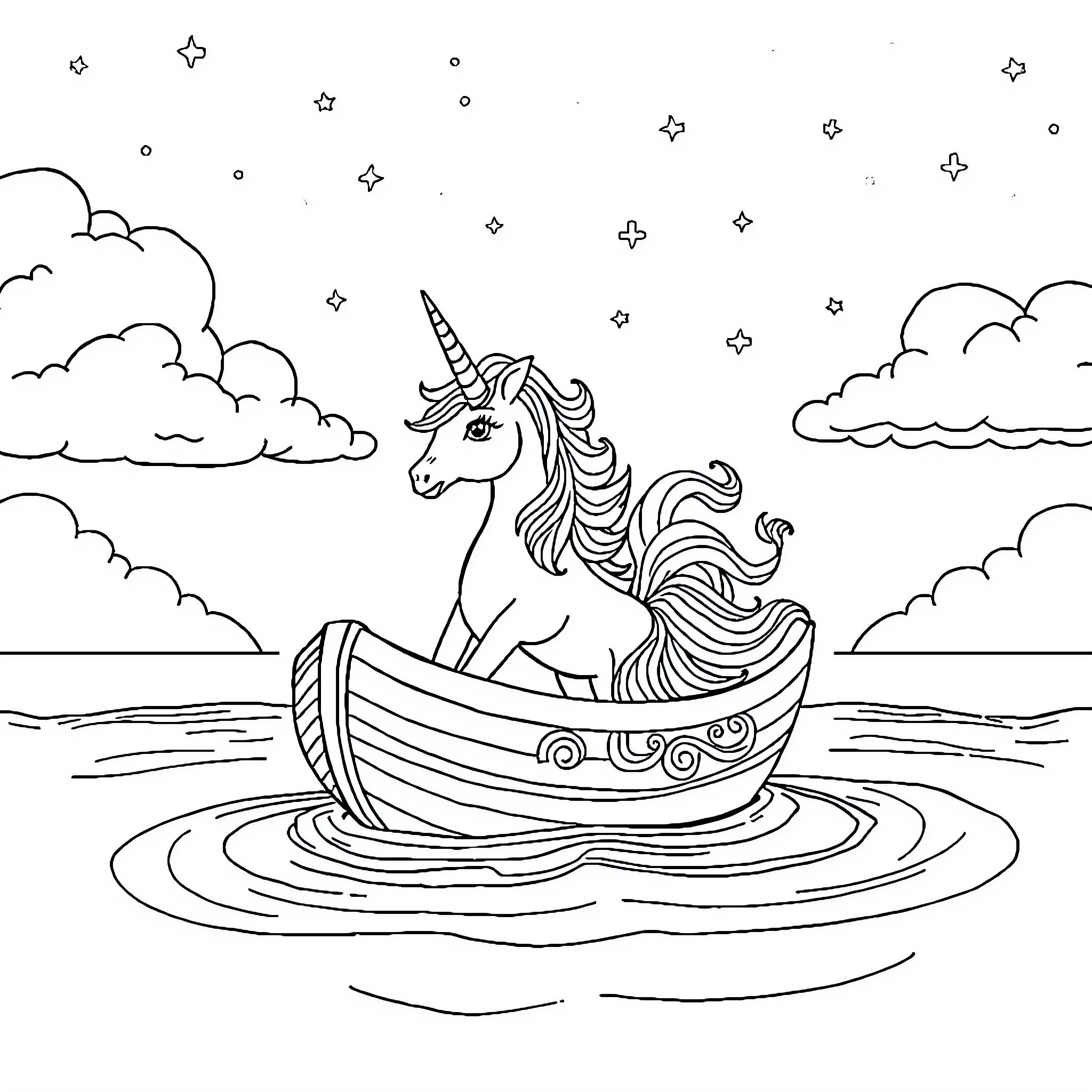 Icon of a Unicorn Sailing on a Boat in the Sky Coloring Page (free black-and-white line drawing printable PDF for all, from beginners to advanced learners, including children, teens, adults, and seniors)
