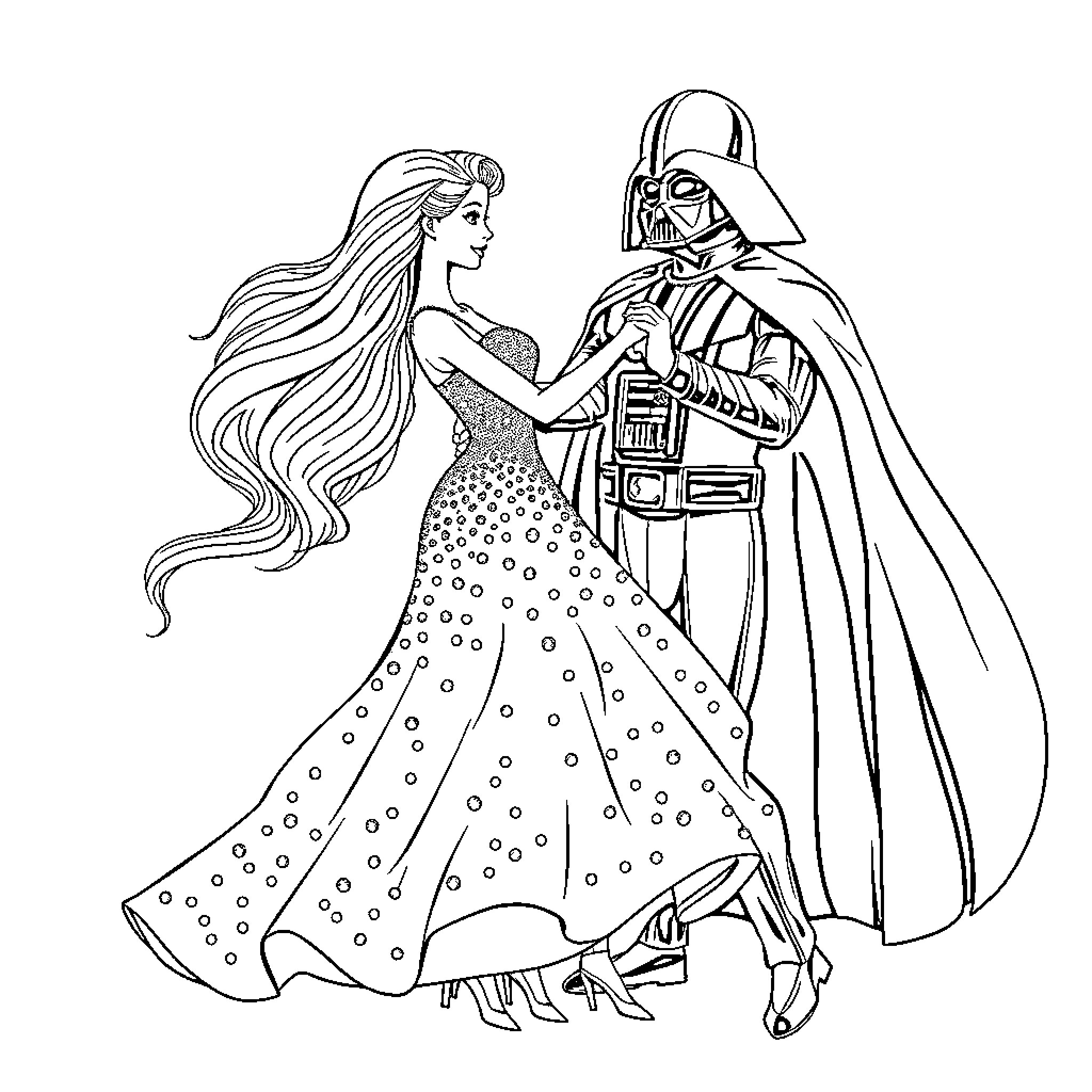 Barbie dancing with Darth Vader Coloring Page (free black-and-white line drawing printable PDF for all, from beginners to advanced learners, including children, teens, adults, and seniors)