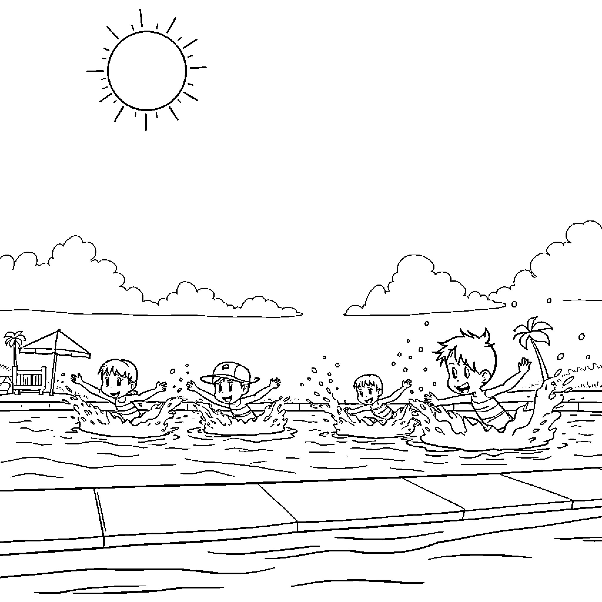 Kids playing joyfully in the beach Coloring Page (free black-and-white line drawing printable PDF for all, from beginners to advanced learners, including children, teens, adults, and seniors)