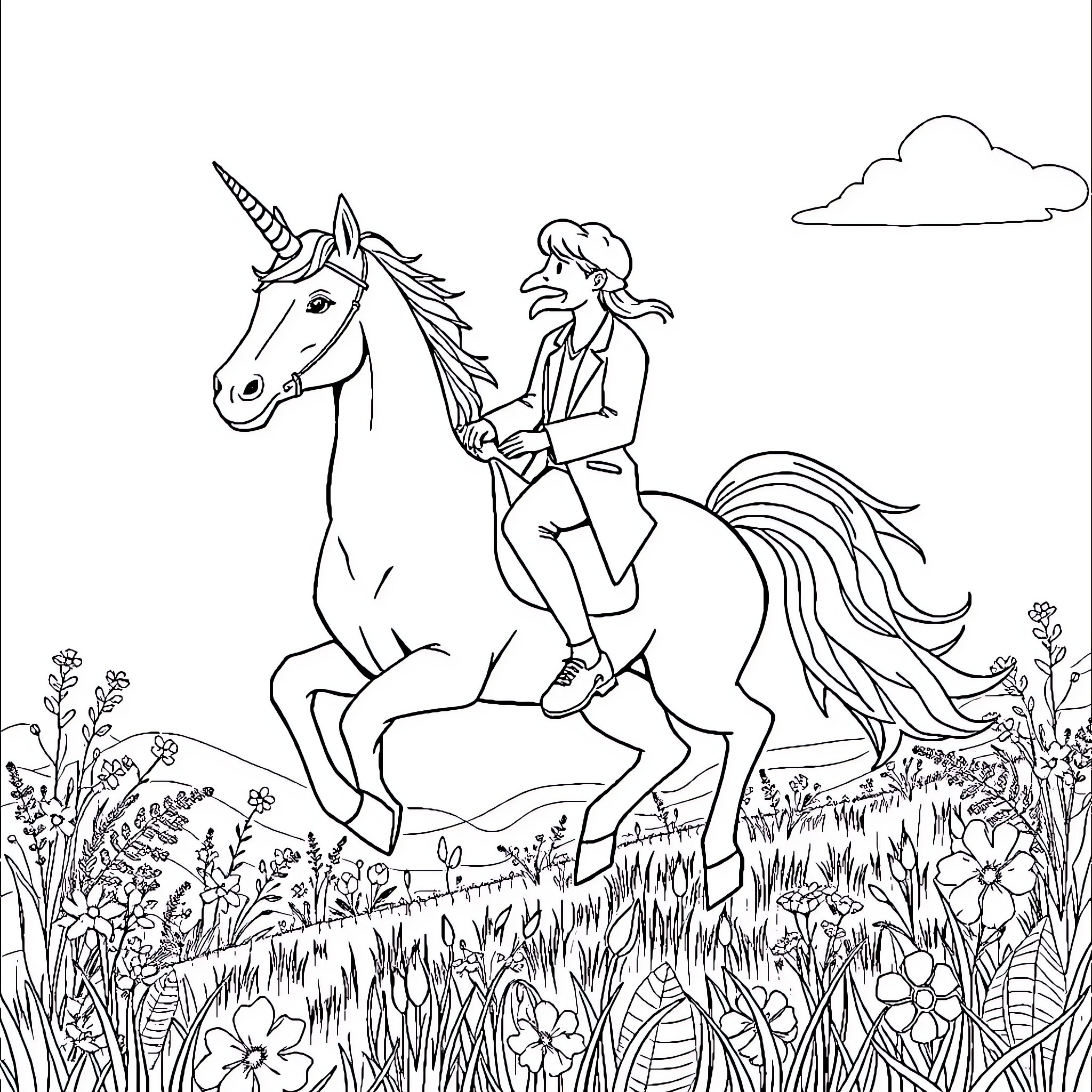 Unicorn Rider Exploring Enchanted Meadow Coloring Page (free black-and-white line drawing printable PDF for all, from beginners to advanced learners, including children, teens, adults, and seniors)