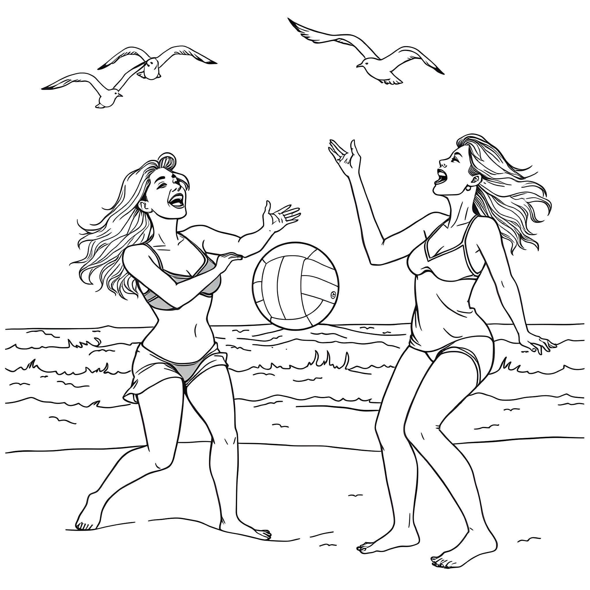 Lesbian couple enjoying beach volleyball together Coloring Page (free black-and-white line drawing printable PDF for all, from beginners to advanced learners, including children, teens, adults, and seniors)