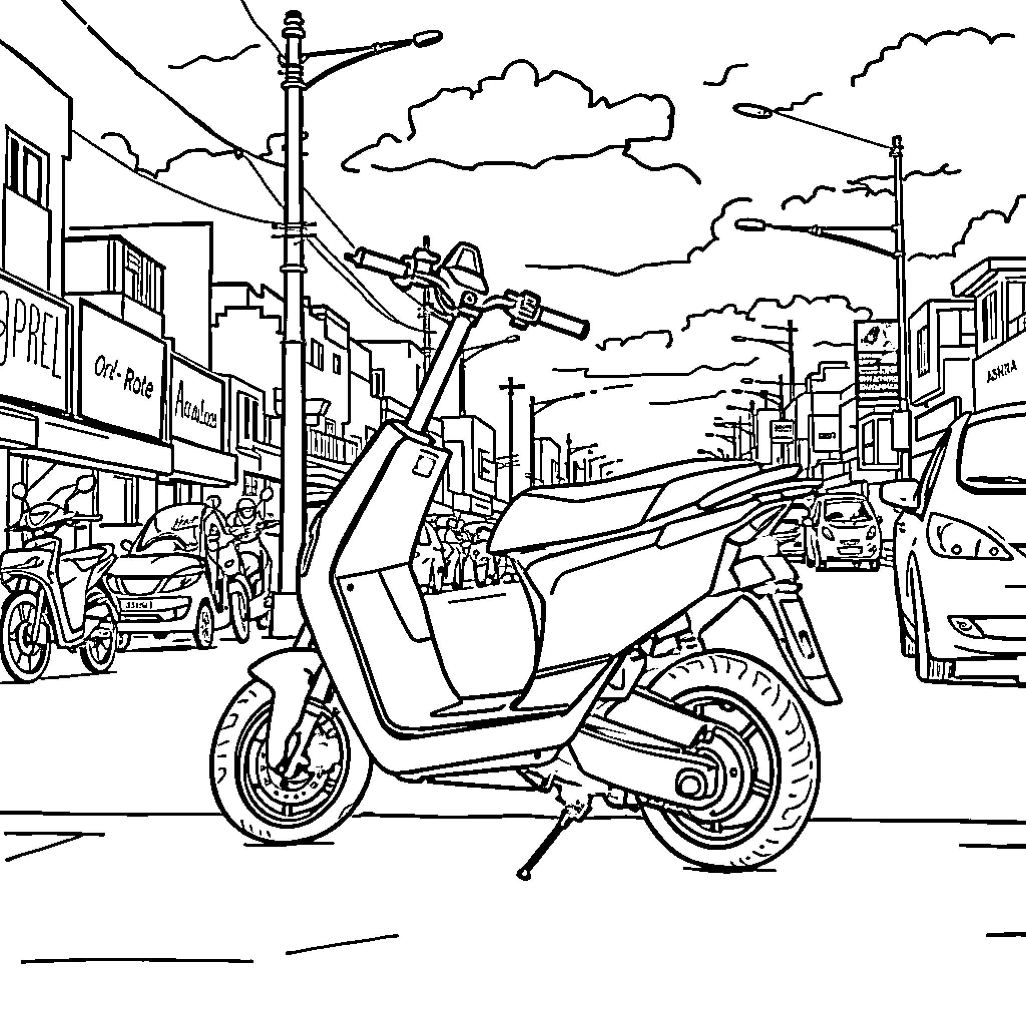 E-Scooter riding in a busy urban scene Coloring Page (free black-and-white line drawing printable PDF for all, from beginners to advanced learners, including children, teens, adults, and seniors)