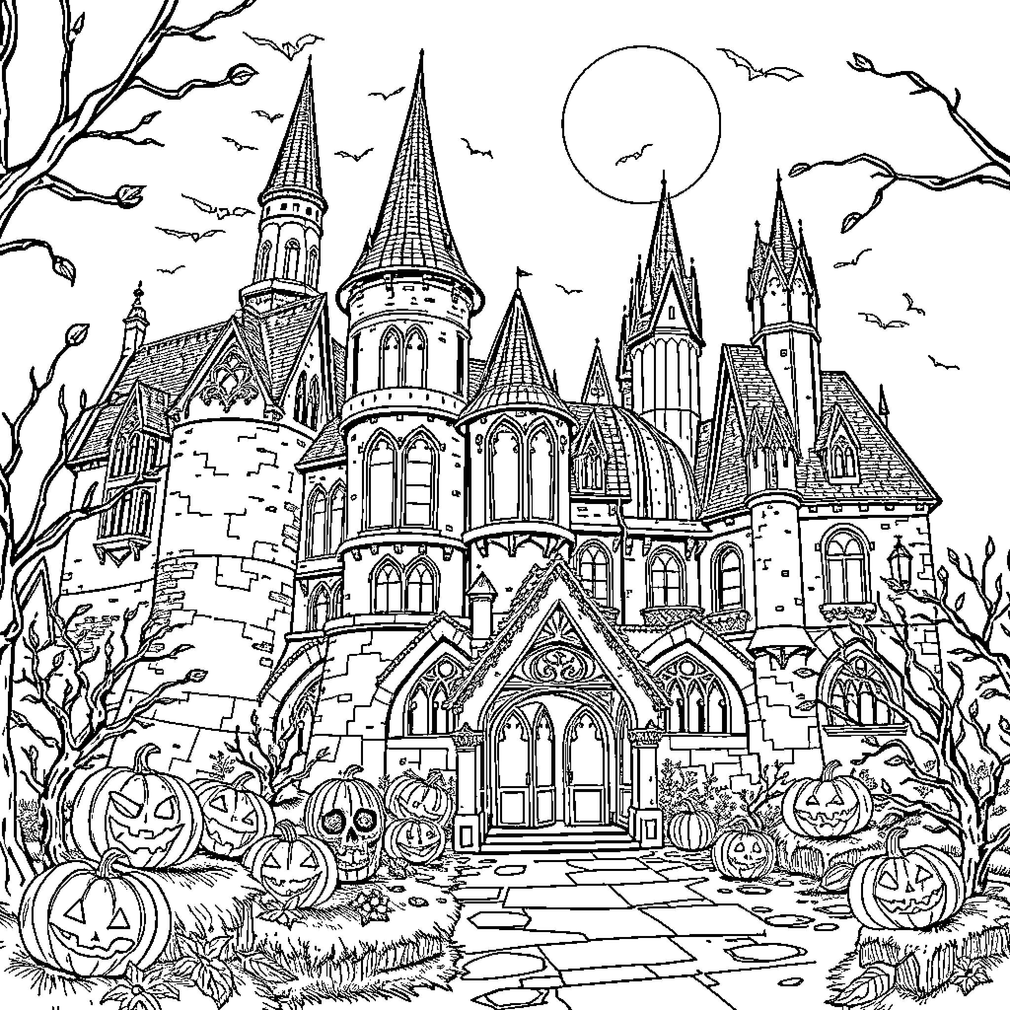 Hogwarts Castle on a Spooky Halloween Night Coloring Page (free black-and-white line drawing printable PDF for all, from beginners to advanced learners, including children, teens, adults, and seniors)