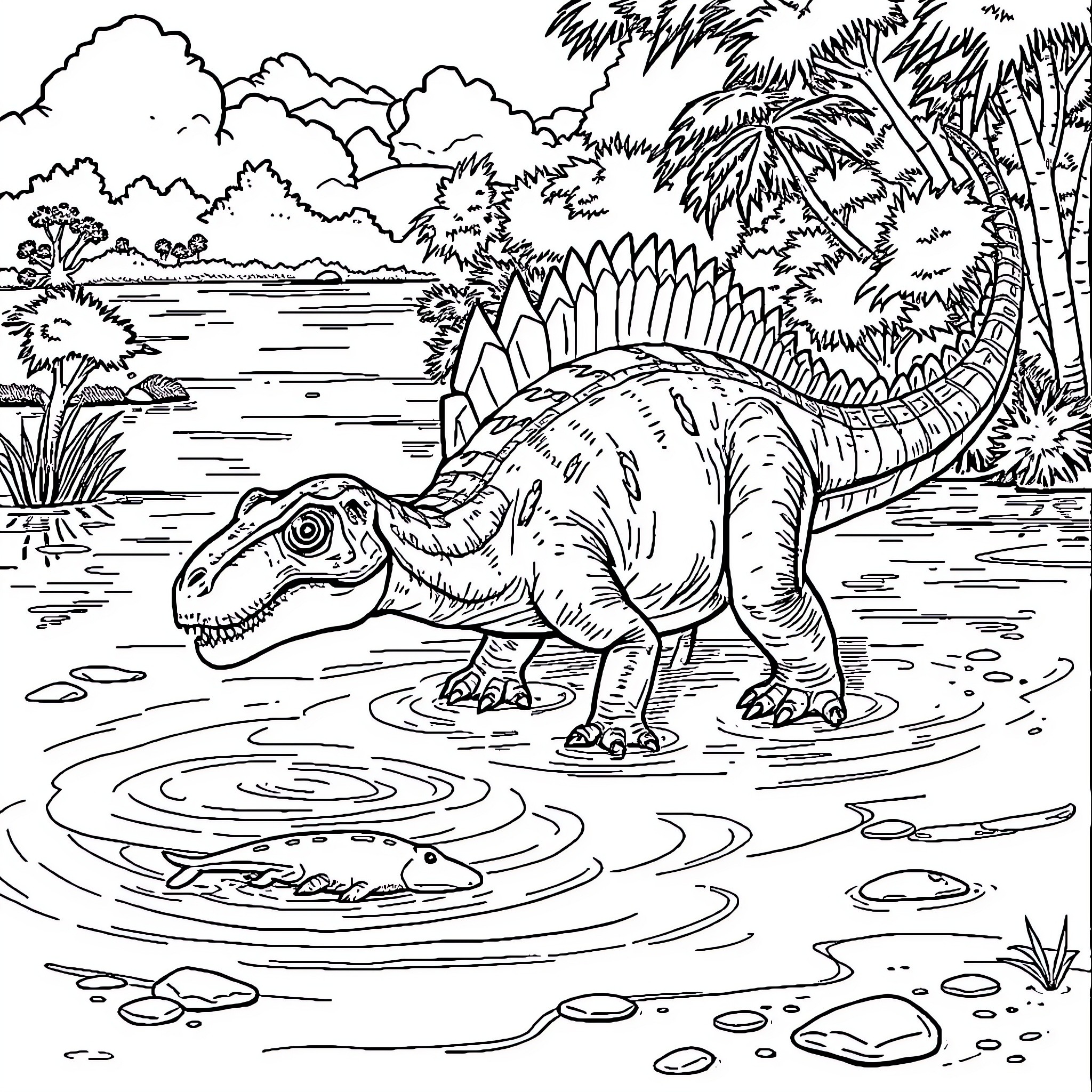 Spinosaurus exploring the prehistoric wetlands Coloring Page (free black-and-white line drawing printable PDF for all, from beginners to advanced learners, including children, teens, adults, and seniors)
