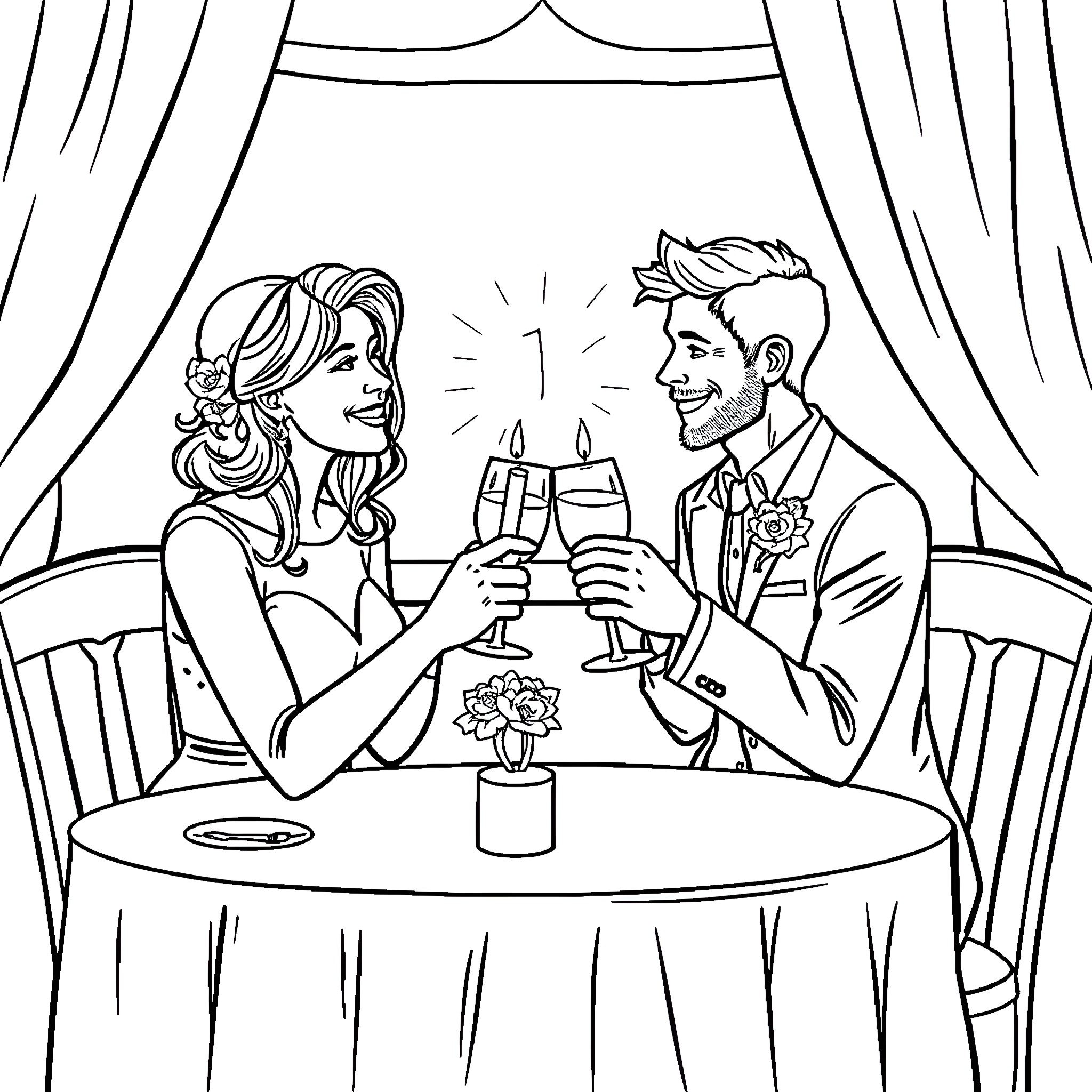 Couple celebrating at a romantic dinner Coloring Page (free black-and-white line drawing printable PDF for all, from beginners to advanced learners, including children, teens, adults, and seniors)