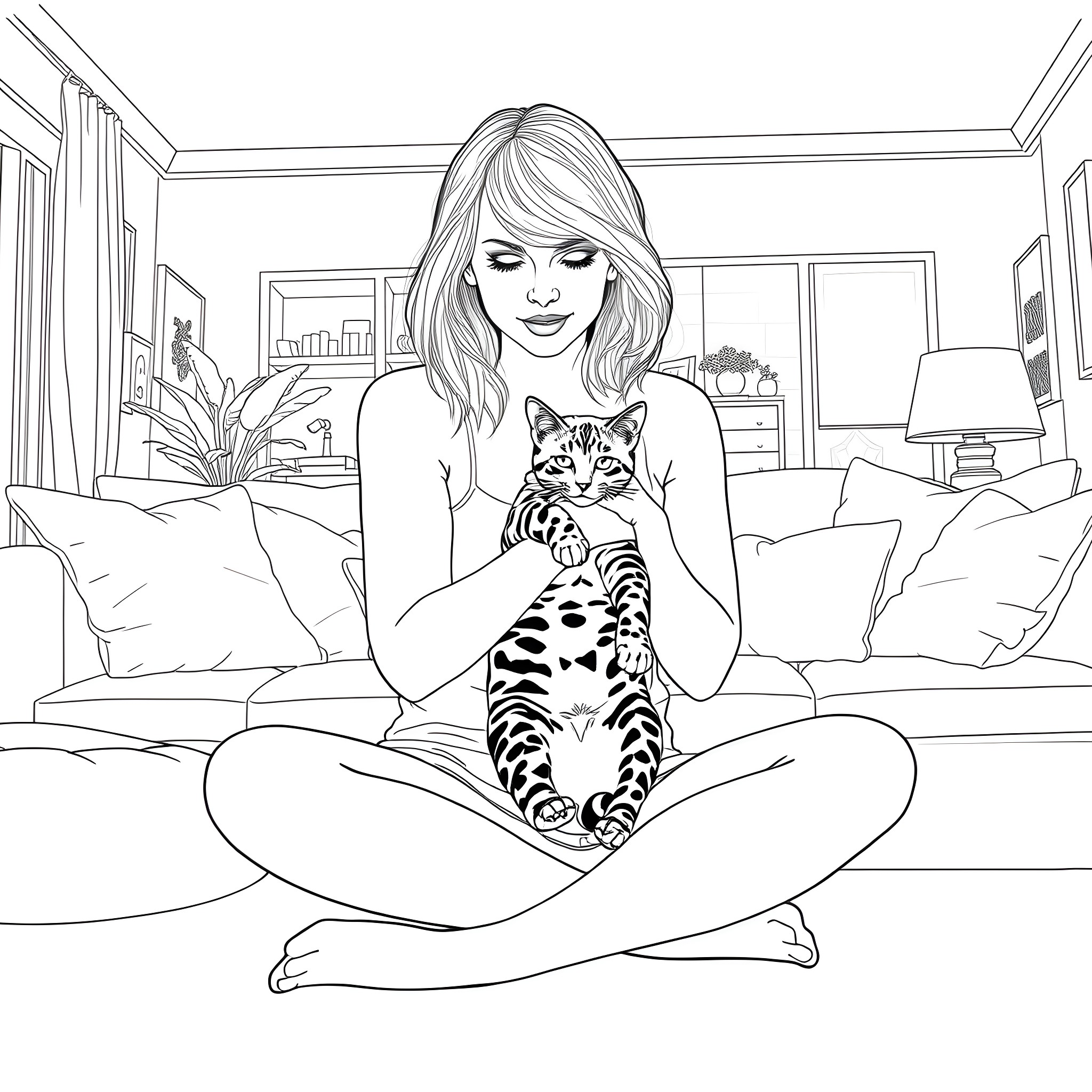 Cat Cuddled by Woman in Cozy Home Setting Coloring Page (free black-and-white line drawing printable PDF for all, from beginners to advanced learners, including children, teens, adults, and seniors)