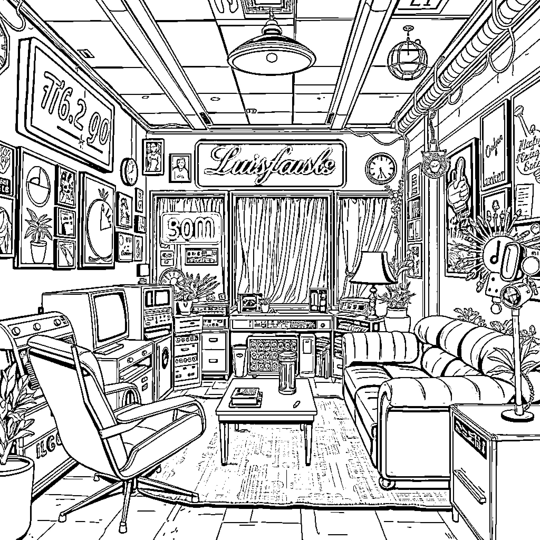 Retro Cozy Vintage Lounge Interior Coloring Page (free black-and-white line drawing printable PDF for all, from beginners to advanced learners, including children, teens, adults, and seniors)