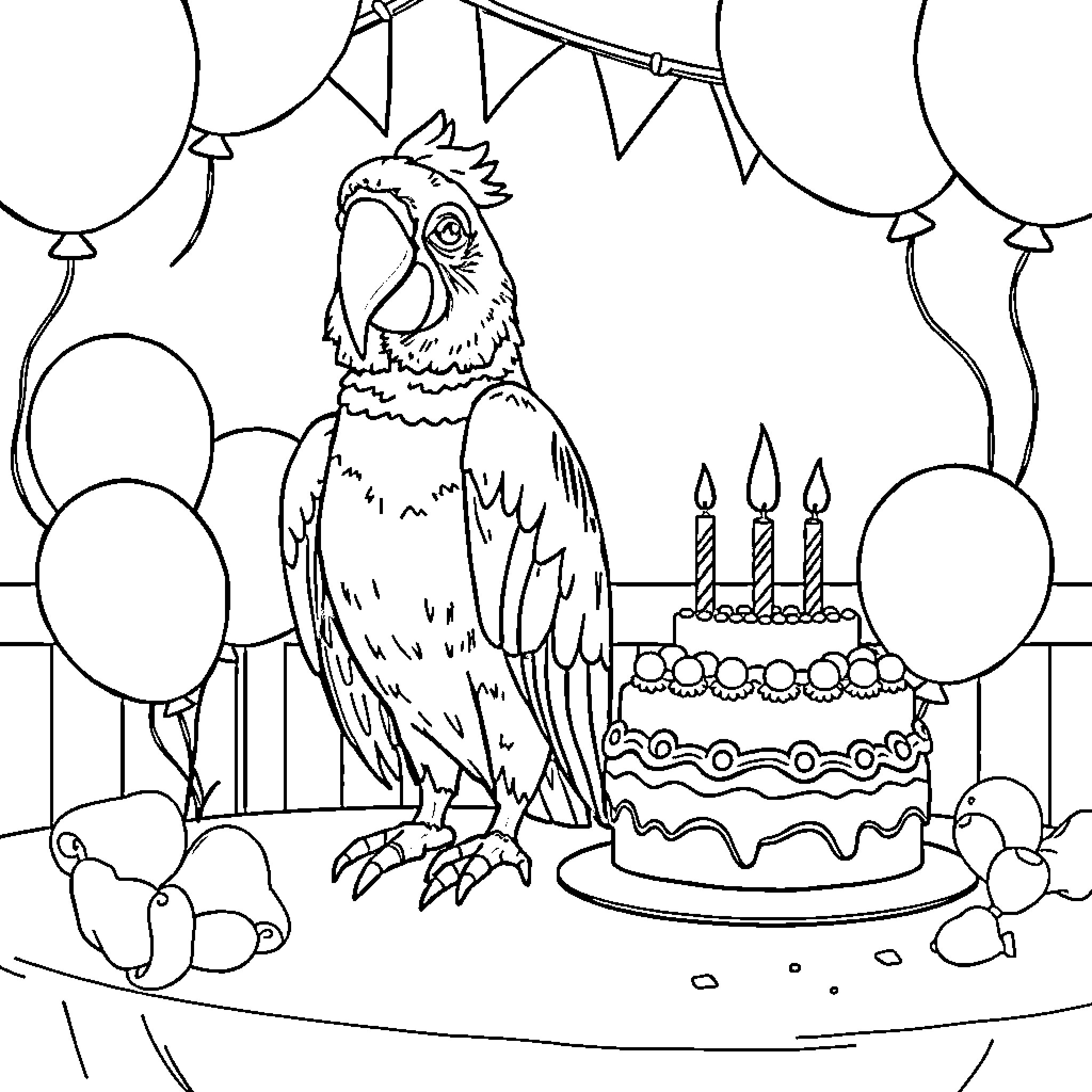 Parrot's Birthday Party with Balloons and Cake Coloring Page (free black-and-white line drawing printable PDF for all, from beginners to advanced learners, including children, teens, adults, and seniors)