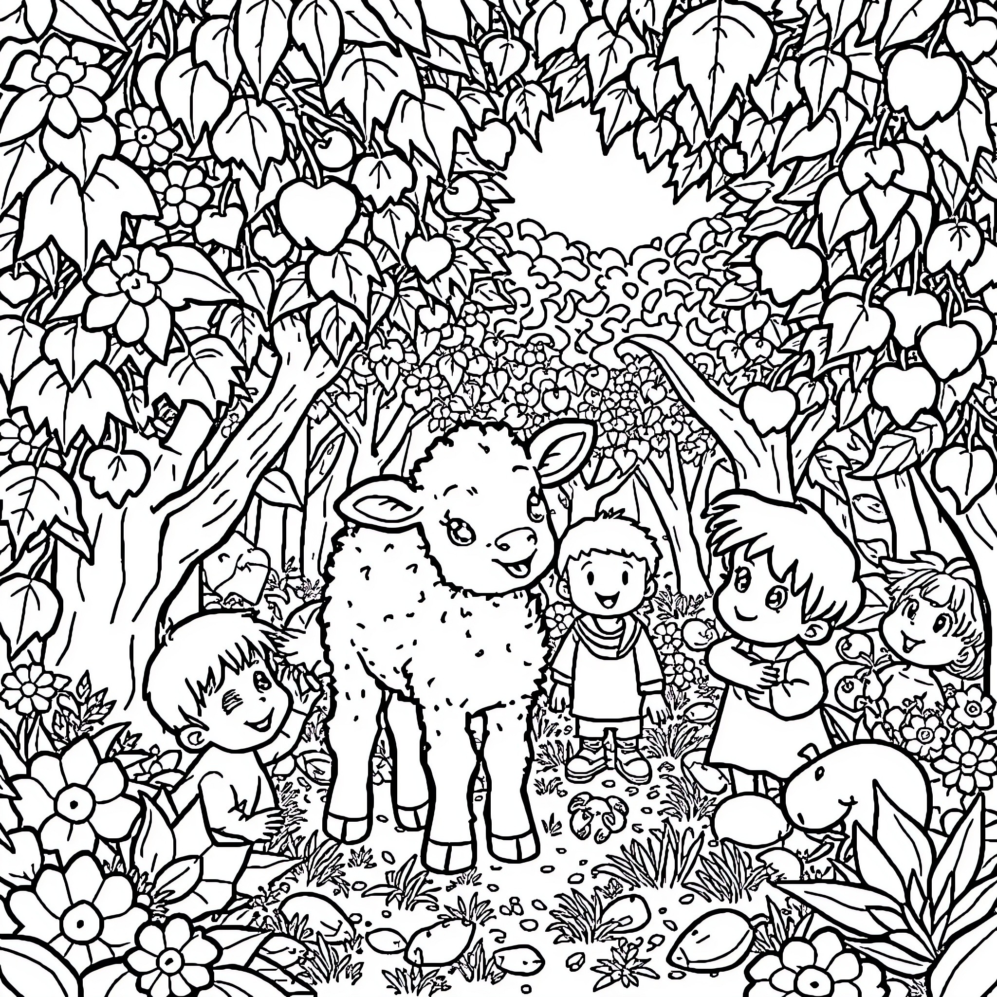 Goat and children exploring enchanted garden Coloring Page (free black-and-white line drawing printable PDF for all, from beginners to advanced learners, including children, teens, adults, and seniors)