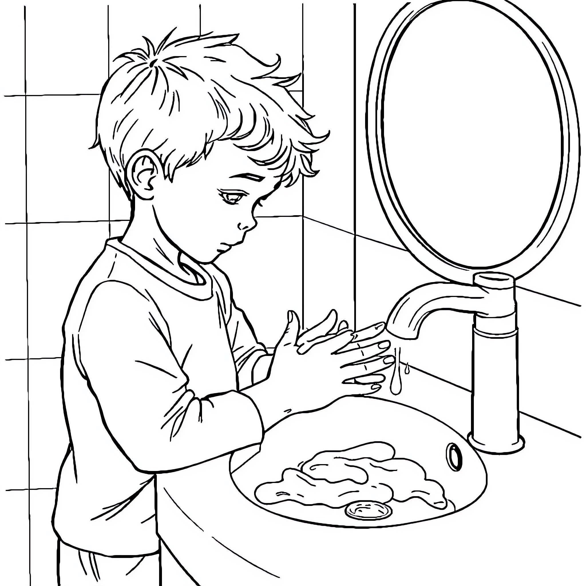 Child washing hands at the sink Coloring Page (free black-and-white line drawing printable PDF for all, from beginners to advanced learners, including children, teens, adults, and seniors)