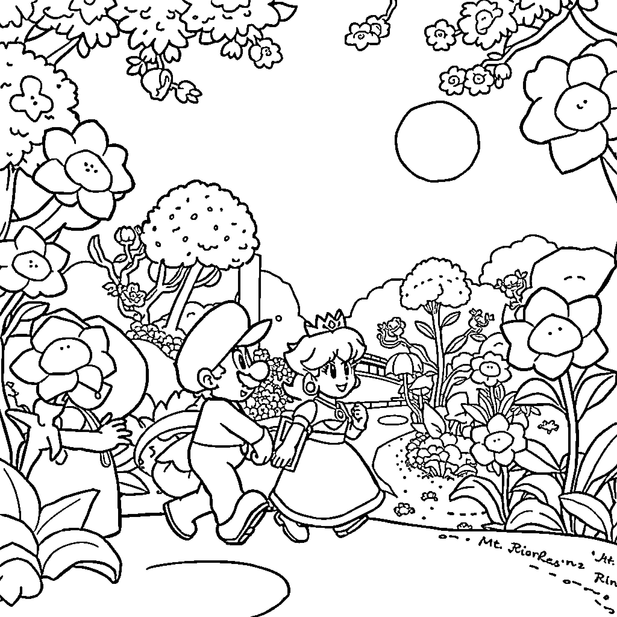 Mario and friends exploring the whimsical floral landscape Coloring Page (free black-and-white line drawing printable PDF for all, from beginners to advanced learners, including children, teens, adults, and seniors)