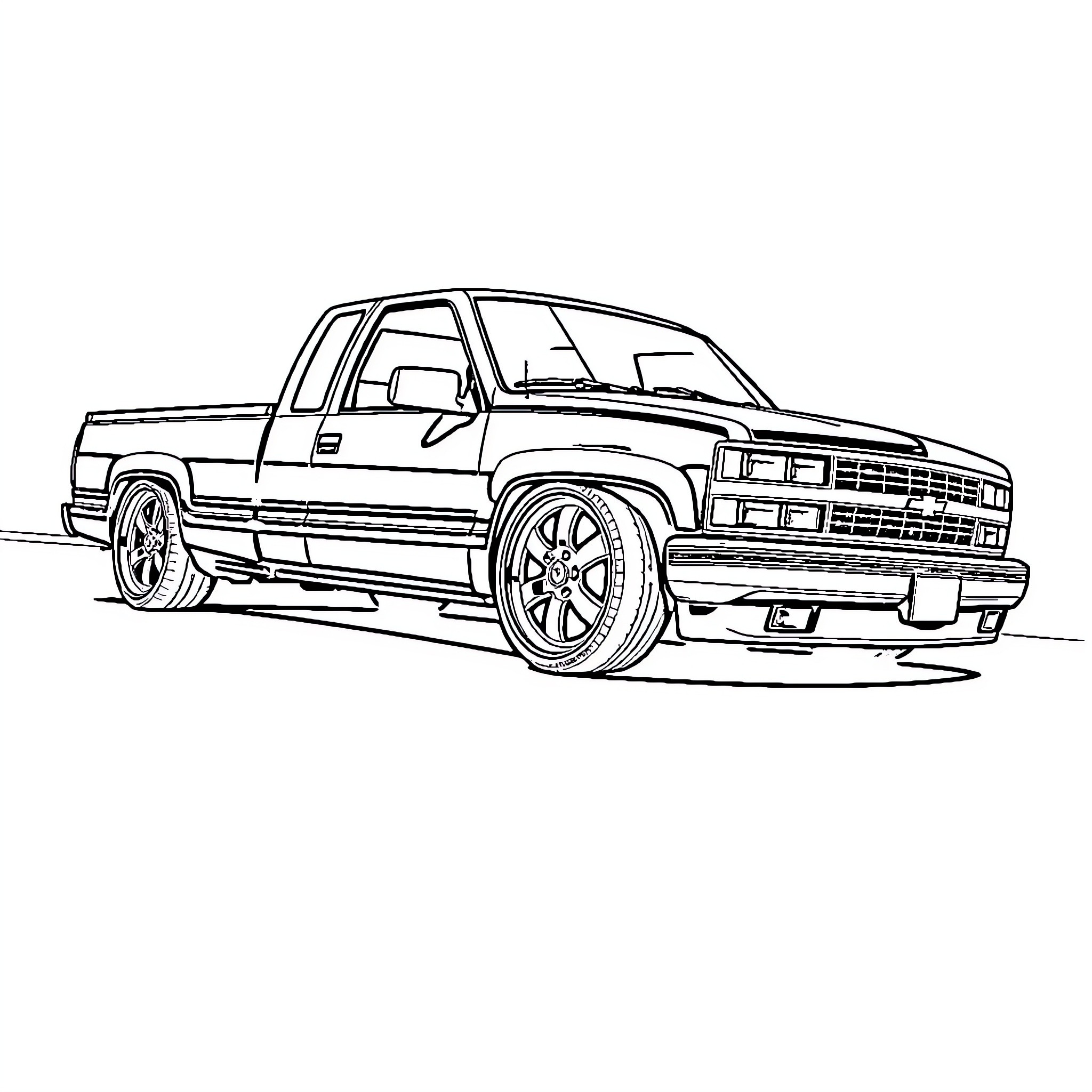 Chevy truck with custom accessories and features Coloring Page (free black-and-white line drawing printable PDF for all, from beginners to advanced learners, including children, teens, adults, and seniors)