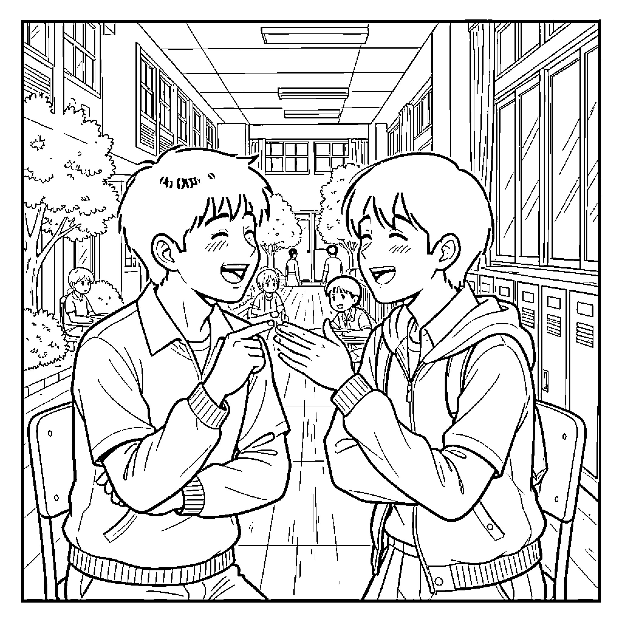 Sasaki and Miyano smiling and talking in a hallway Coloring Page (free black-and-white line drawing printable PDF for all, from beginners to advanced learners, including children, teens, adults, and seniors)