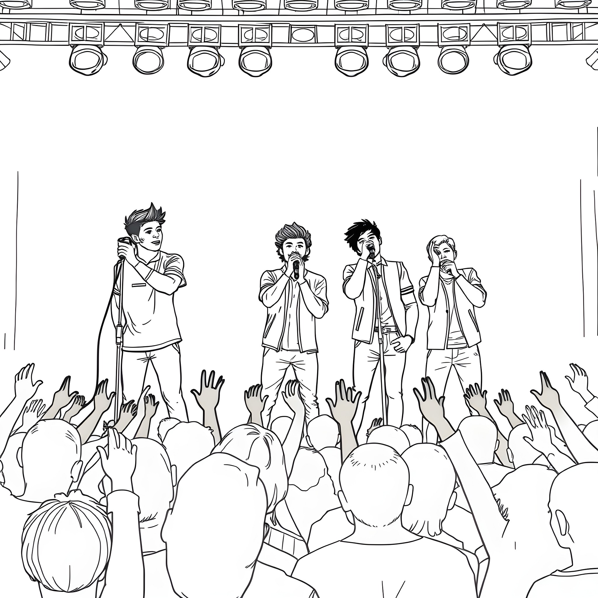 One Direction performing on stage with cheering crowd Coloring Page (free black-and-white line drawing printable PDF for all, from beginners to advanced learners, including children, teens, adults, and seniors)