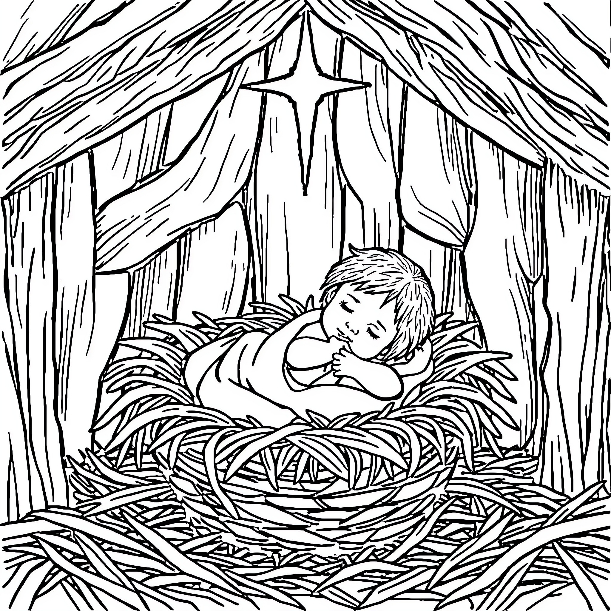 Baby Jesus sleeping peacefully in the manger Coloring Page (free black-and-white line drawing printable PDF for all, from beginners to advanced learners, including children, teens, adults, and seniors)