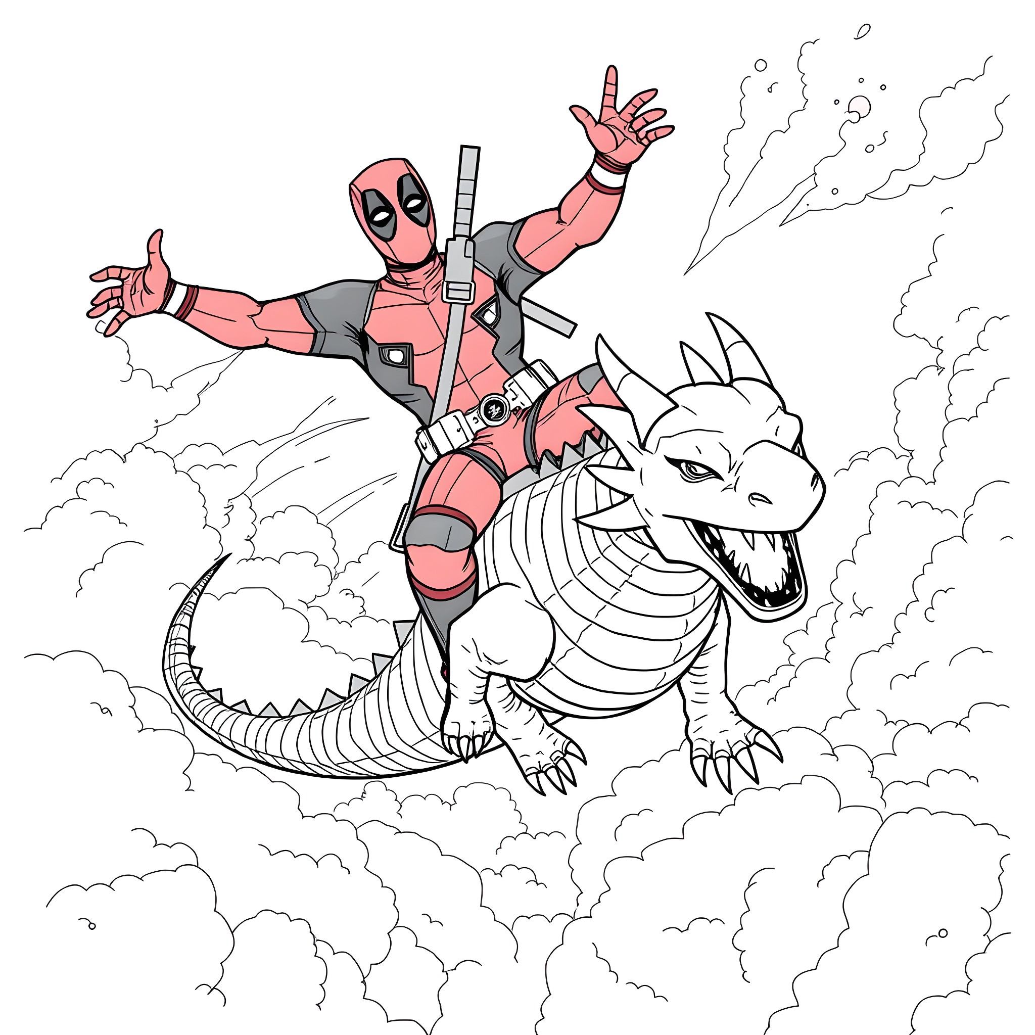 Deadpool riding a fierce dragon in action Coloring Page (free black-and-white line drawing printable PDF for all, from beginners to advanced learners, including children, teens, adults, and seniors)