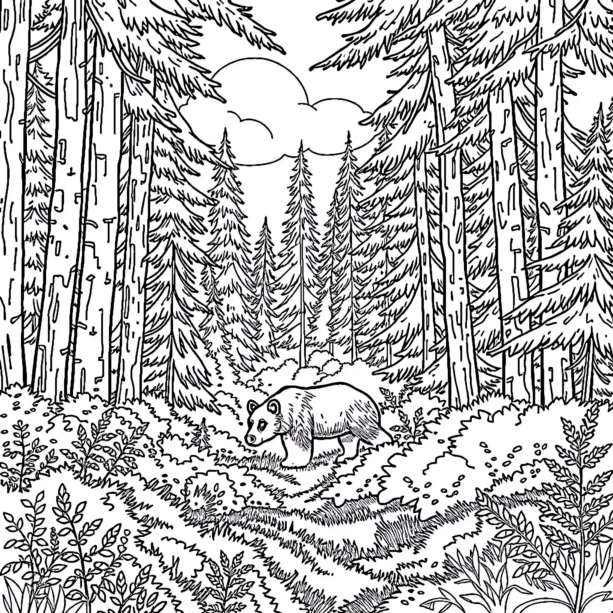 Bear exploring the serene forest landscape Coloring Page (free black-and-white line drawing printable PDF for all, from beginners to advanced learners, including children, teens, adults, and seniors)