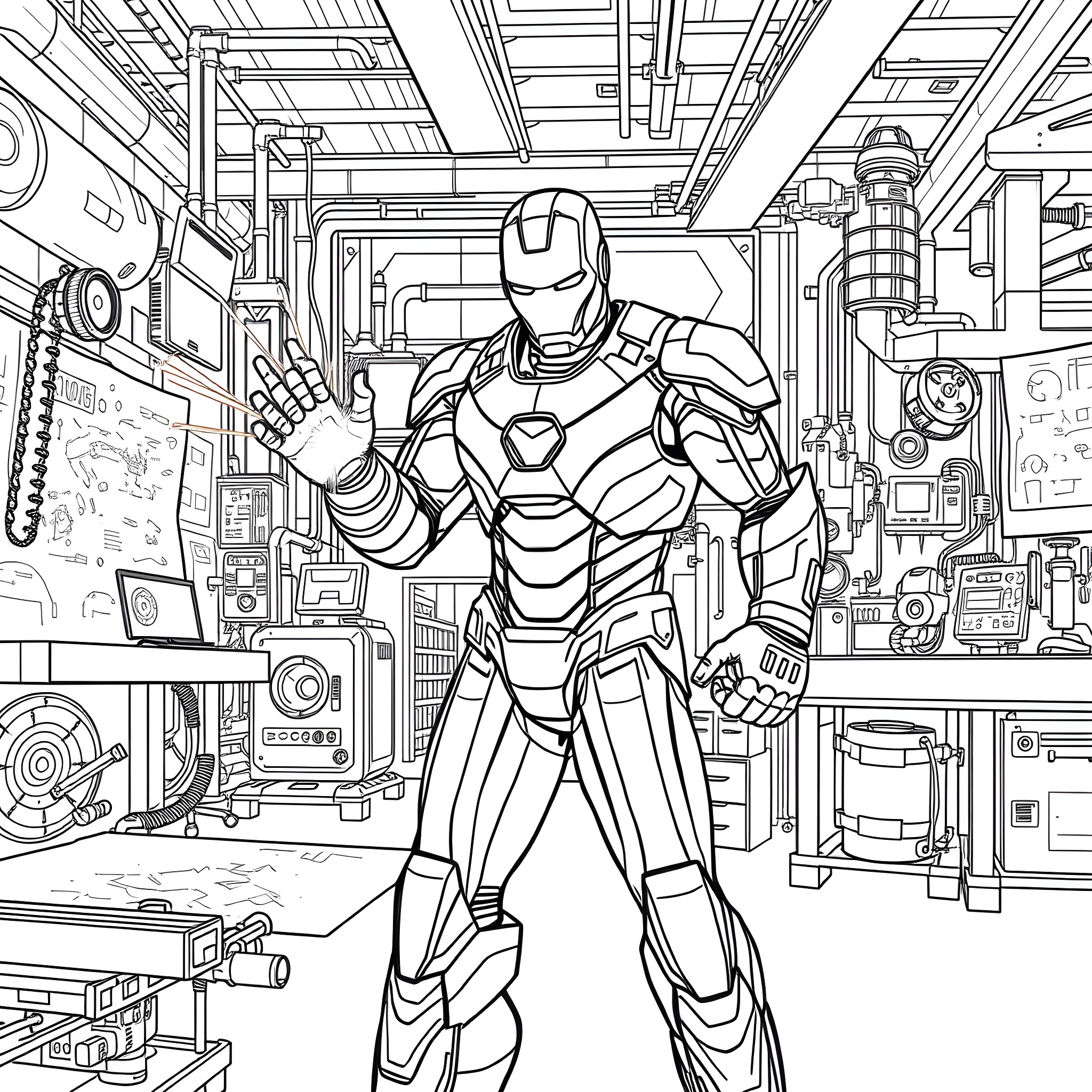 Ironman in futuristic tech-filled workshop Coloring Page (free black-and-white line drawing printable PDF for all, from beginners to advanced learners, including children, teens, adults, and seniors)