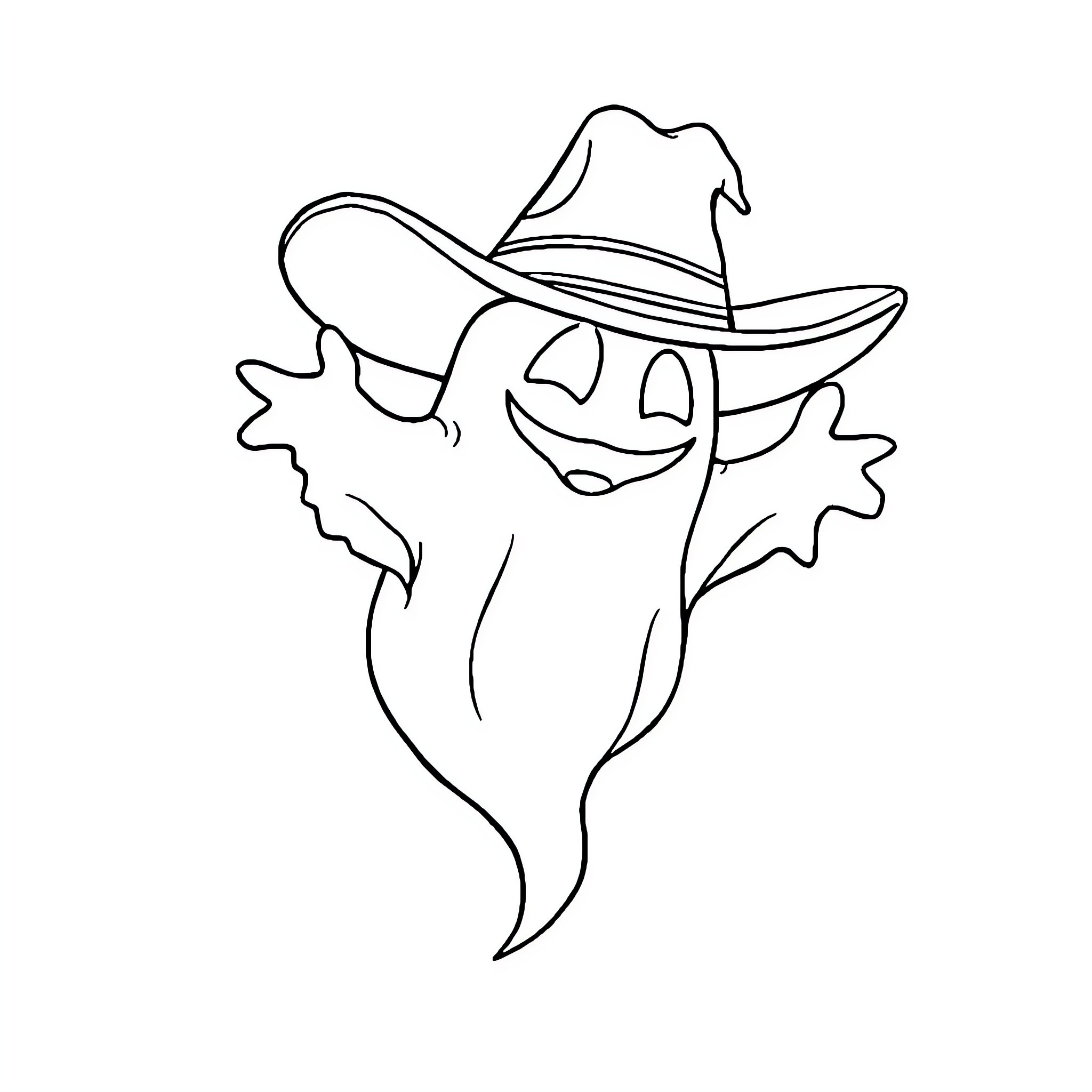 Ghost in a Cowboy Hat Coloring Page (free black-and-white line drawing printable PDF for all, from beginners to advanced learners, including children, teens, adults, and seniors)