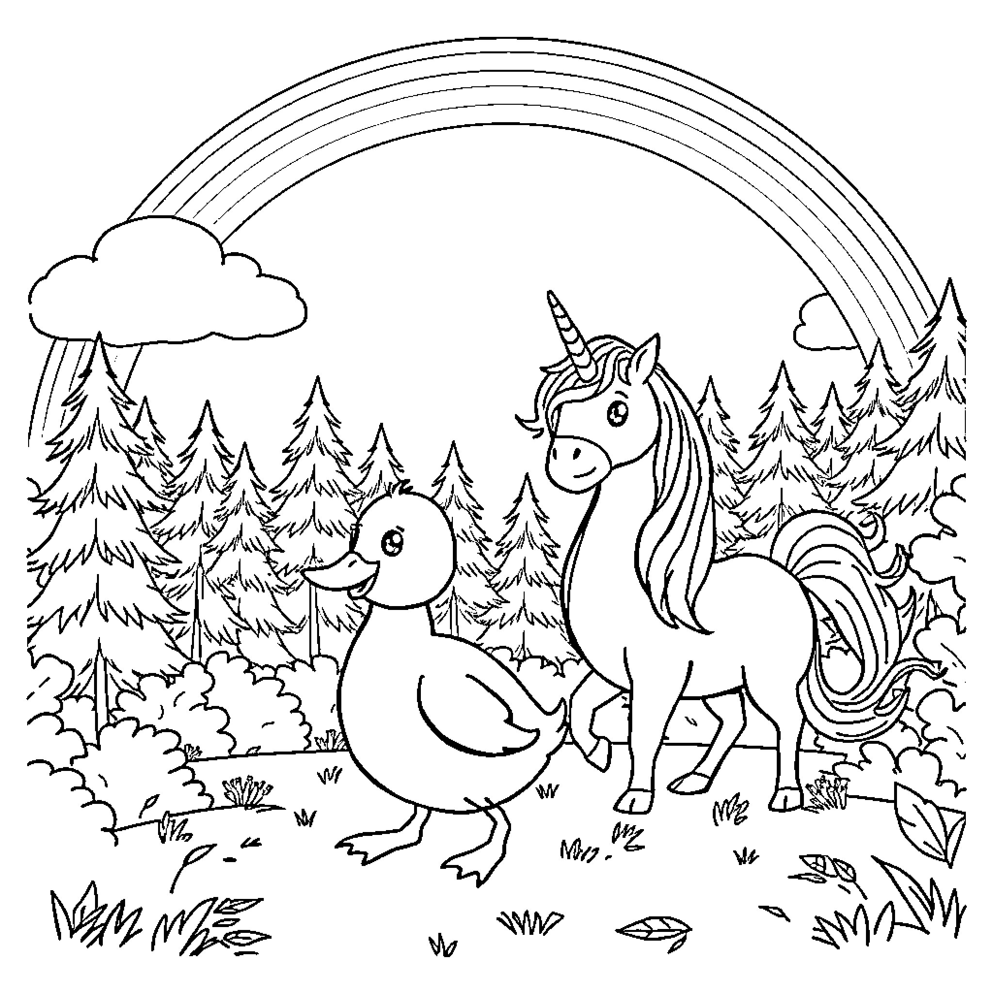 Duck and Unicorn in Magical Forest Coloring Page (free black-and-white line drawing printable PDF for all, from beginners to advanced learners, including children, teens, adults, and seniors)