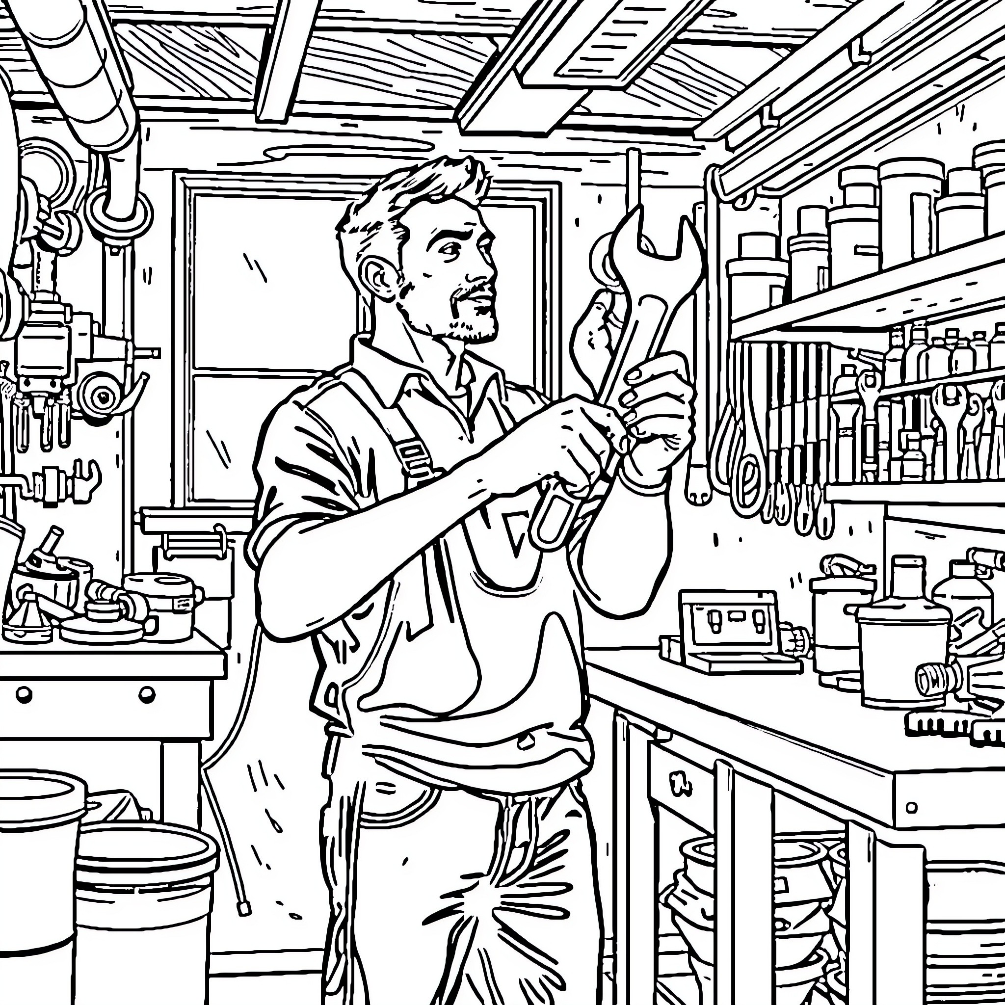 Man working diligently in his workshop Coloring Page (free black-and-white line drawing printable PDF for all, from beginners to advanced learners, including children, teens, adults, and seniors)
