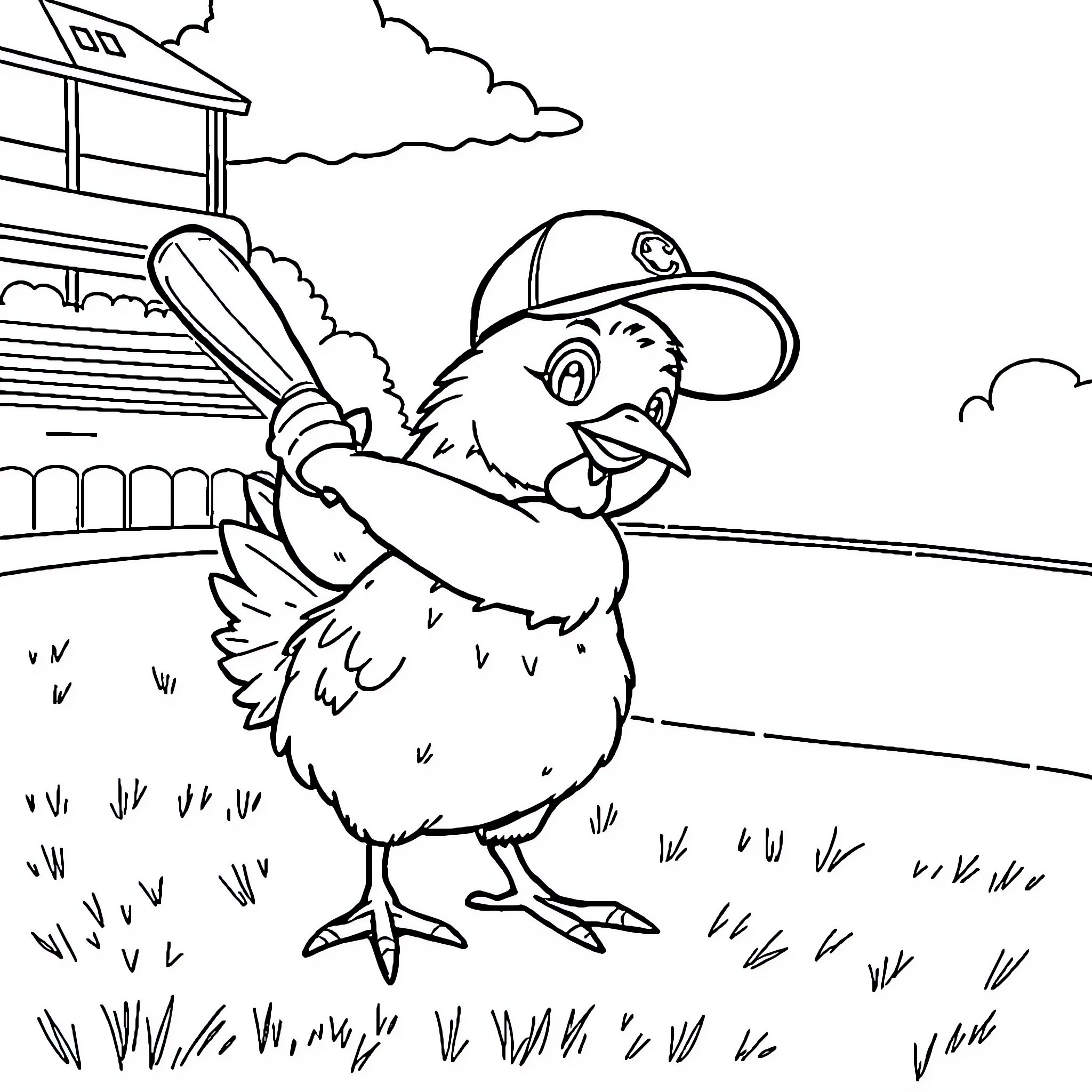 Chicken playing baseball in the park Coloring Page (free black-and-white line drawing printable PDF for all, from beginners to advanced learners, including children, teens, adults, and seniors)