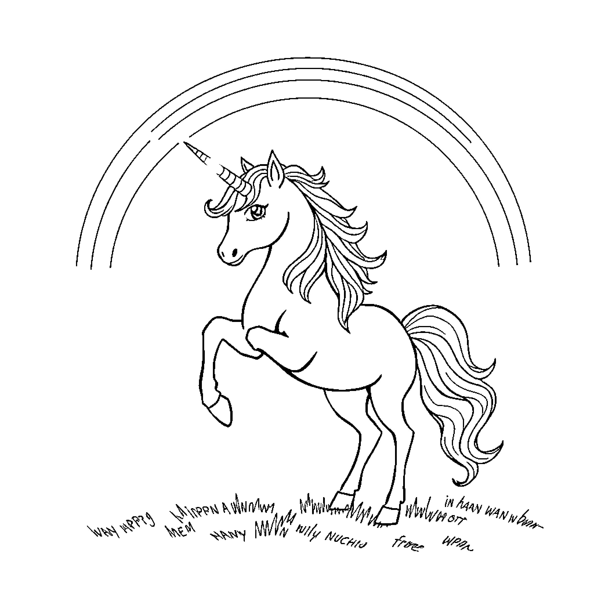 Unicorn leaping happily in a meadow Coloring Page (free black-and-white line drawing printable PDF for all, from beginners to advanced learners, including children, teens, adults, and seniors)