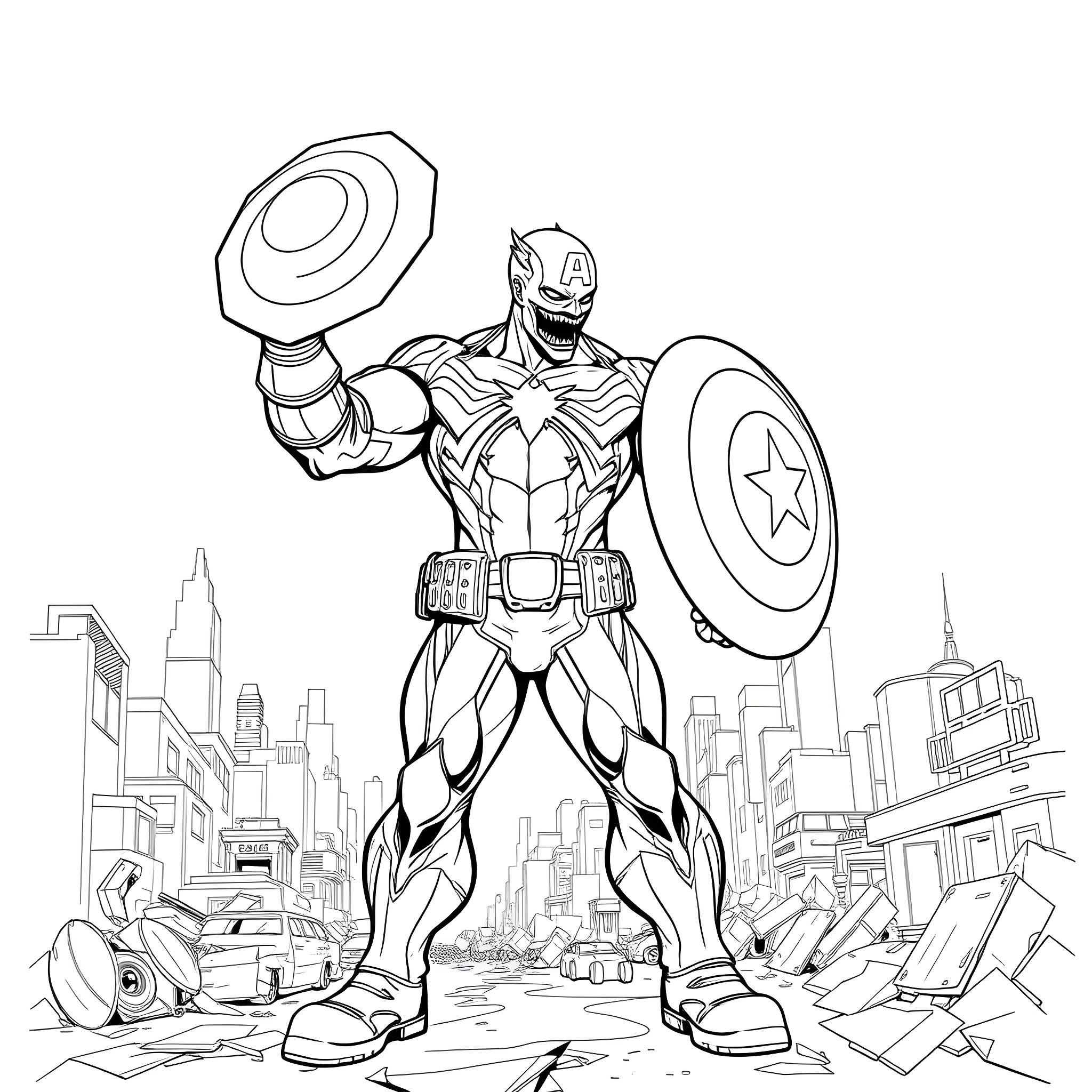 Captain Venom's Heroic Stance in the Ruined City Coloring Page (free black-and-white line drawing printable PDF for all, from beginners to advanced learners, including children, teens, adults, and seniors)