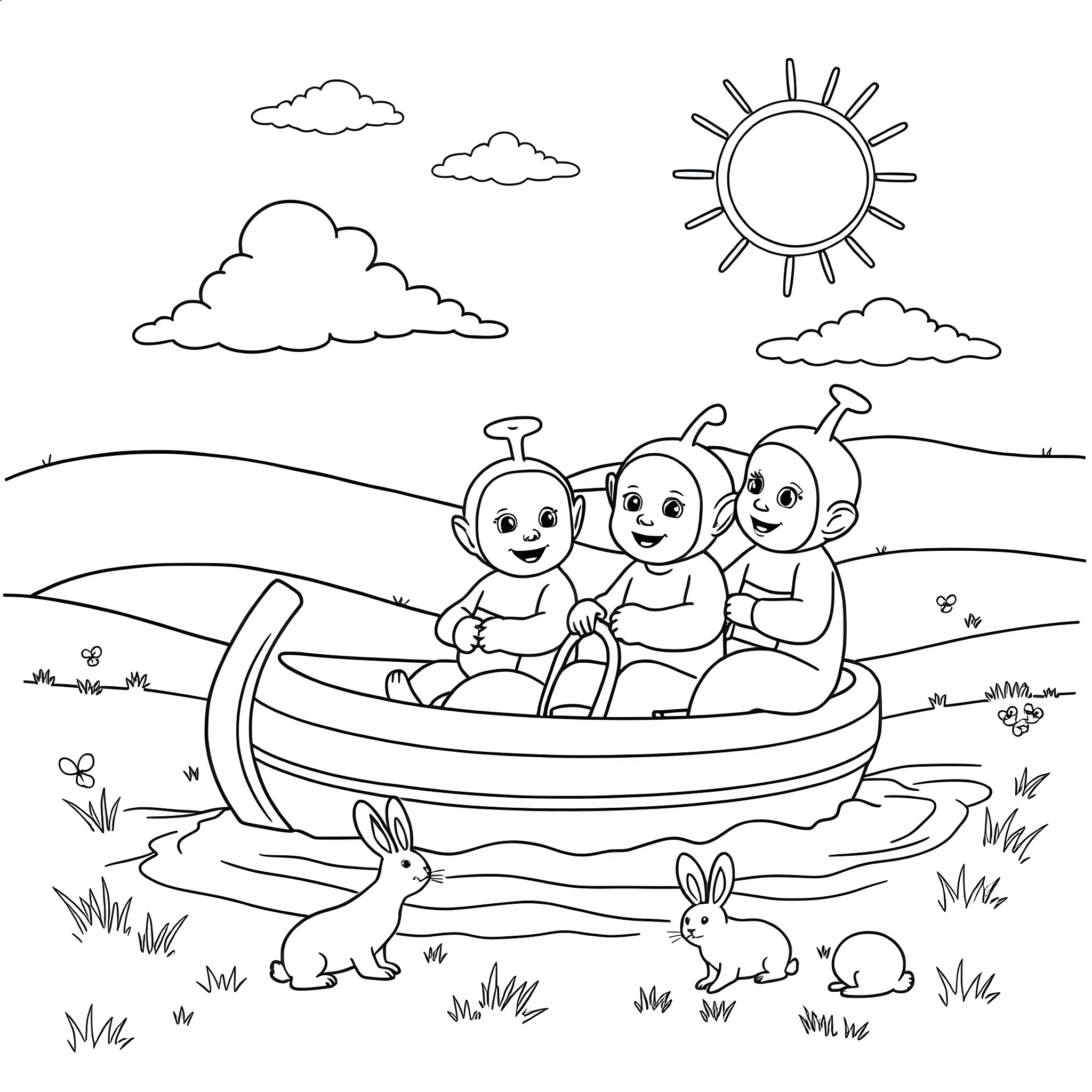 Teletubby friends enjoying a sunny day on the boat Coloring Page (free black-and-white line drawing printable PDF for all, from beginners to advanced learners, including children, teens, adults, and seniors)