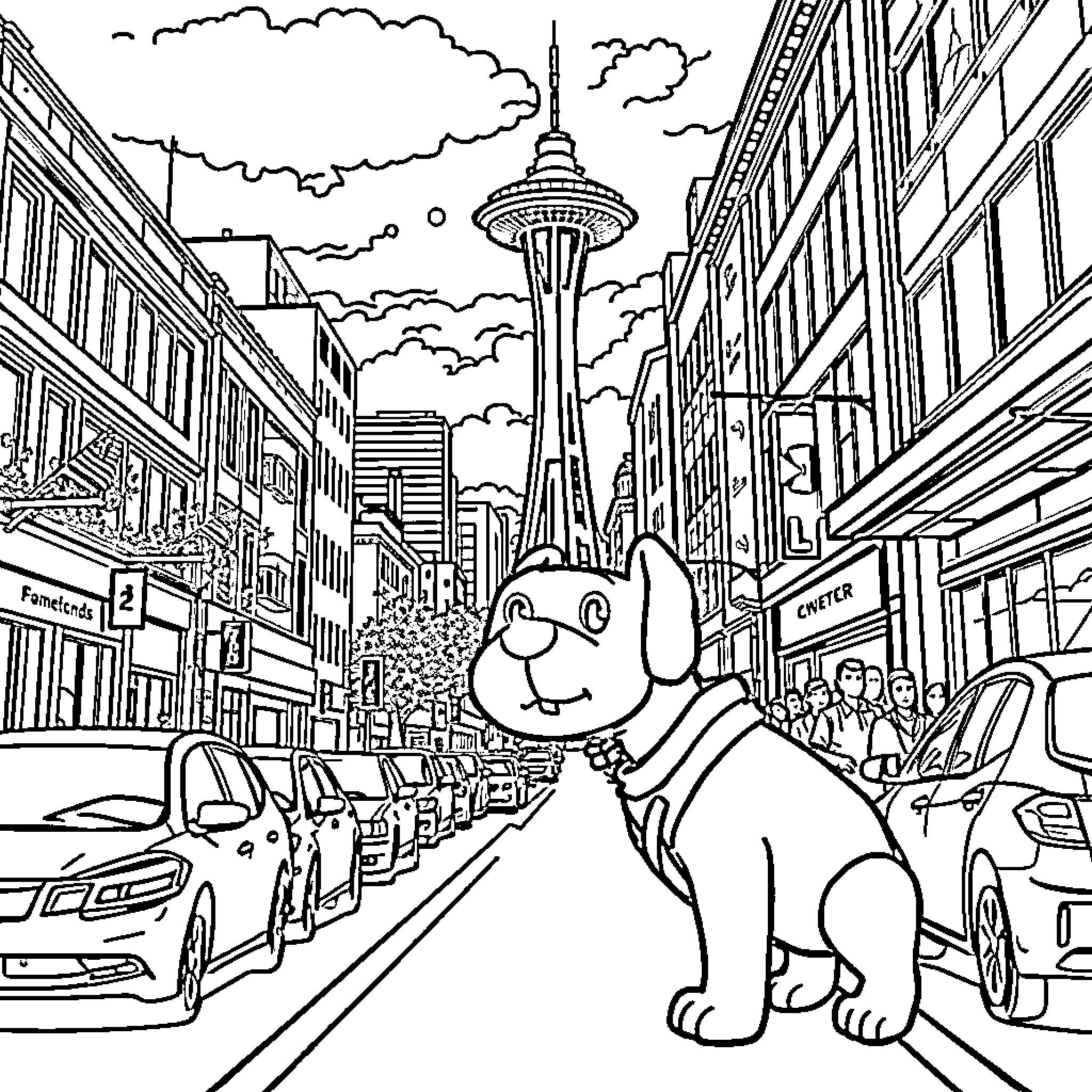 Bluey explores the bustling city streets Coloring Page (free black-and-white line drawing printable PDF for all, from beginners to advanced learners, including children, teens, adults, and seniors)