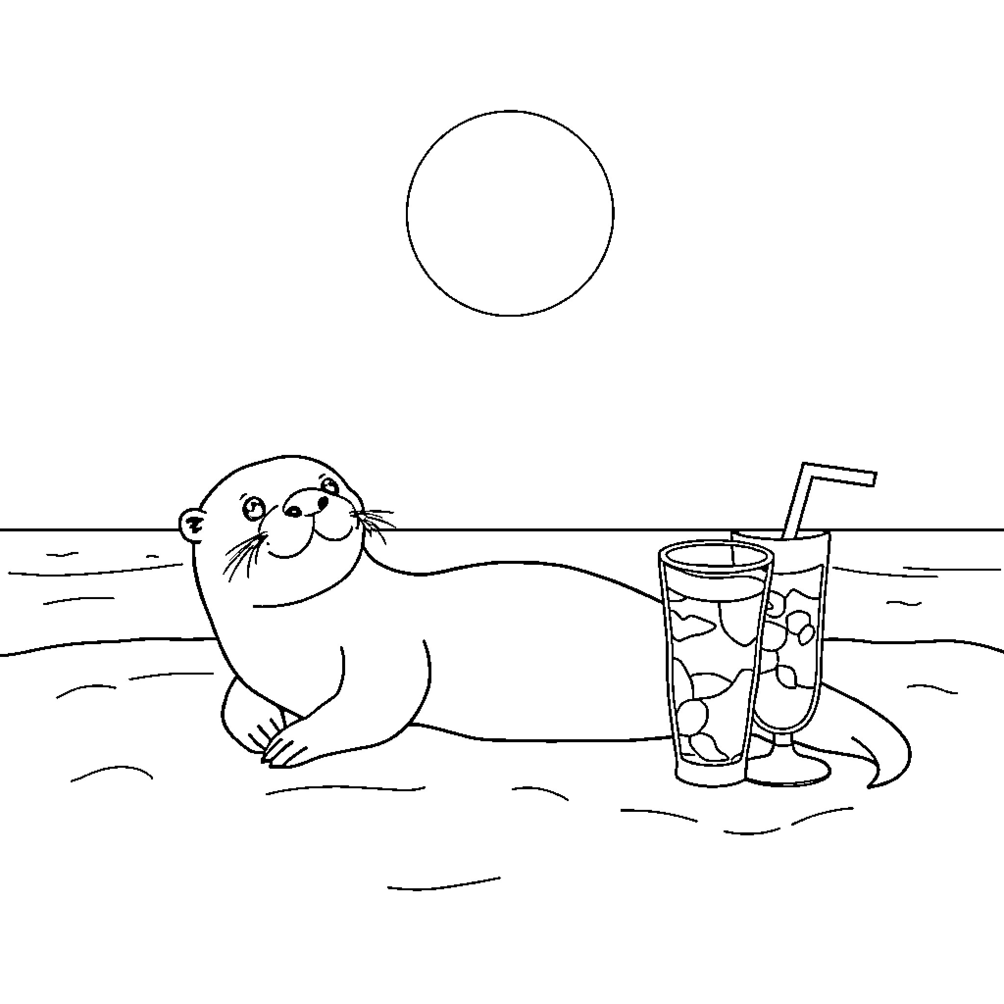 Otter relaxing on the beach with a refreshing drink Coloring Page (free black-and-white line drawing printable PDF for all, from beginners to advanced learners, including children, teens, adults, and seniors)