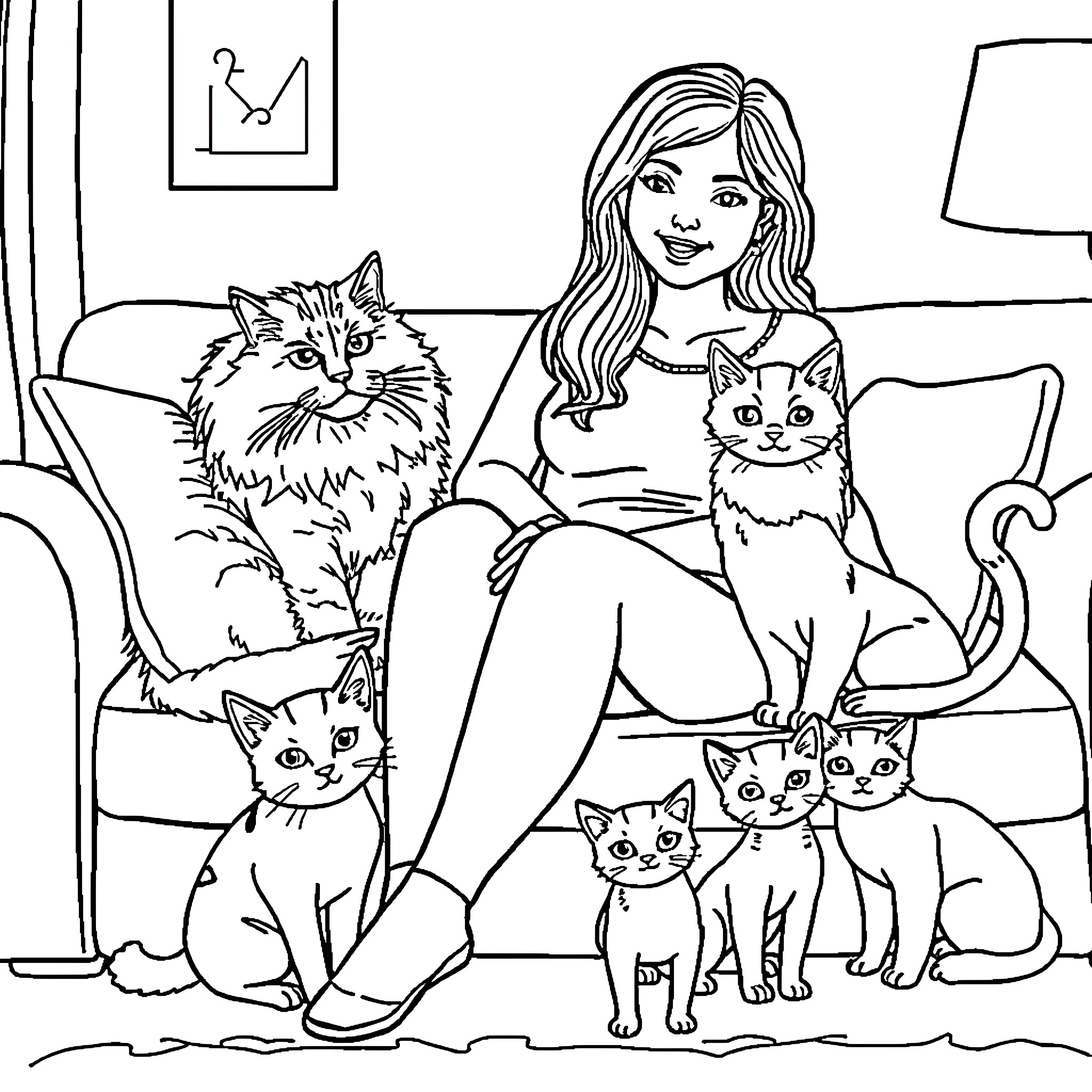 Cat Lover Surrounded by Feline Companions Coloring Page (free black-and-white line drawing printable PDF for all, from beginners to advanced learners, including children, teens, adults, and seniors)