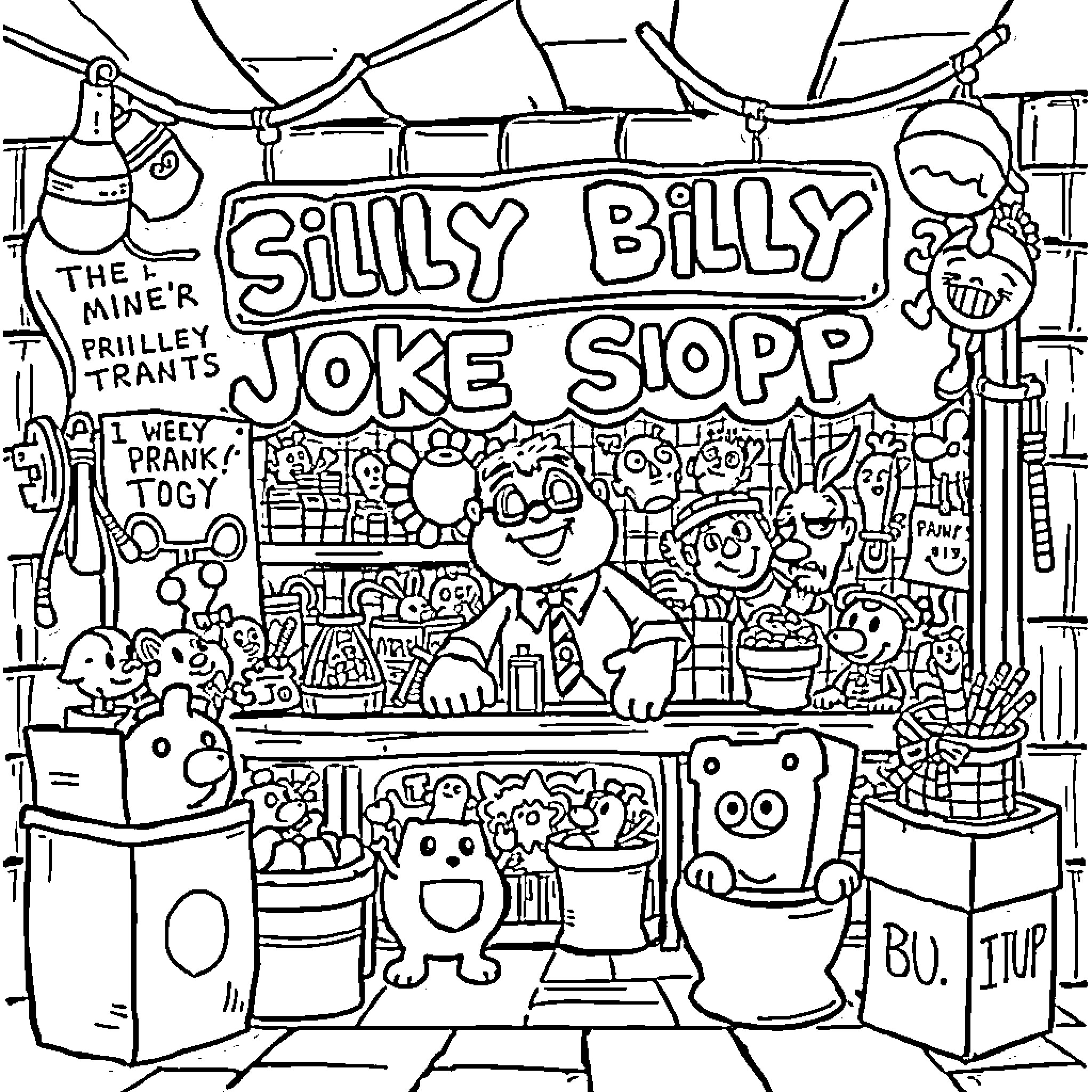 Billy's Silly Joke Shop Coloring Page (free black-and-white line drawing printable PDF for all, from beginners to advanced learners, including children, teens, adults, and seniors)
