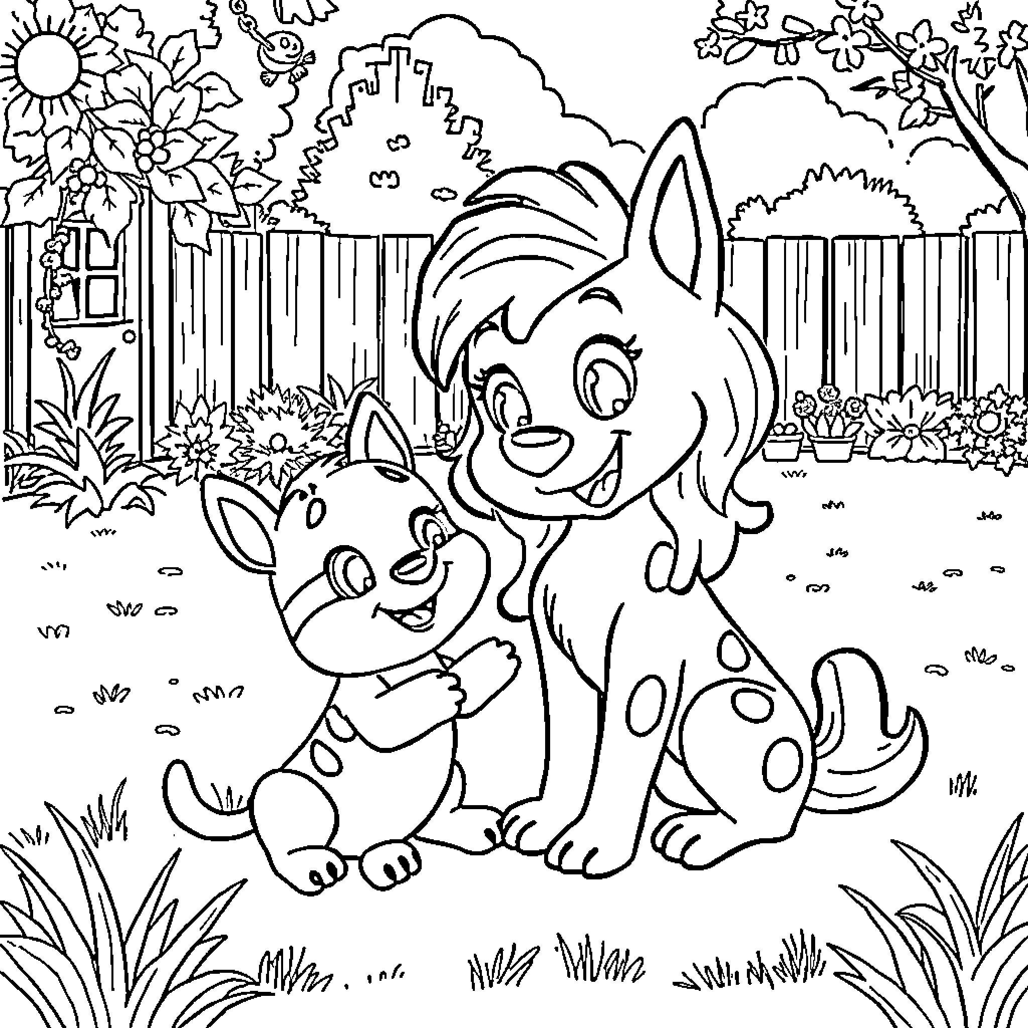 Bluey and friends playing in the backyard Coloring Page (free black-and-white line drawing printable PDF for all, from beginners to advanced learners, including children, teens, adults, and seniors)