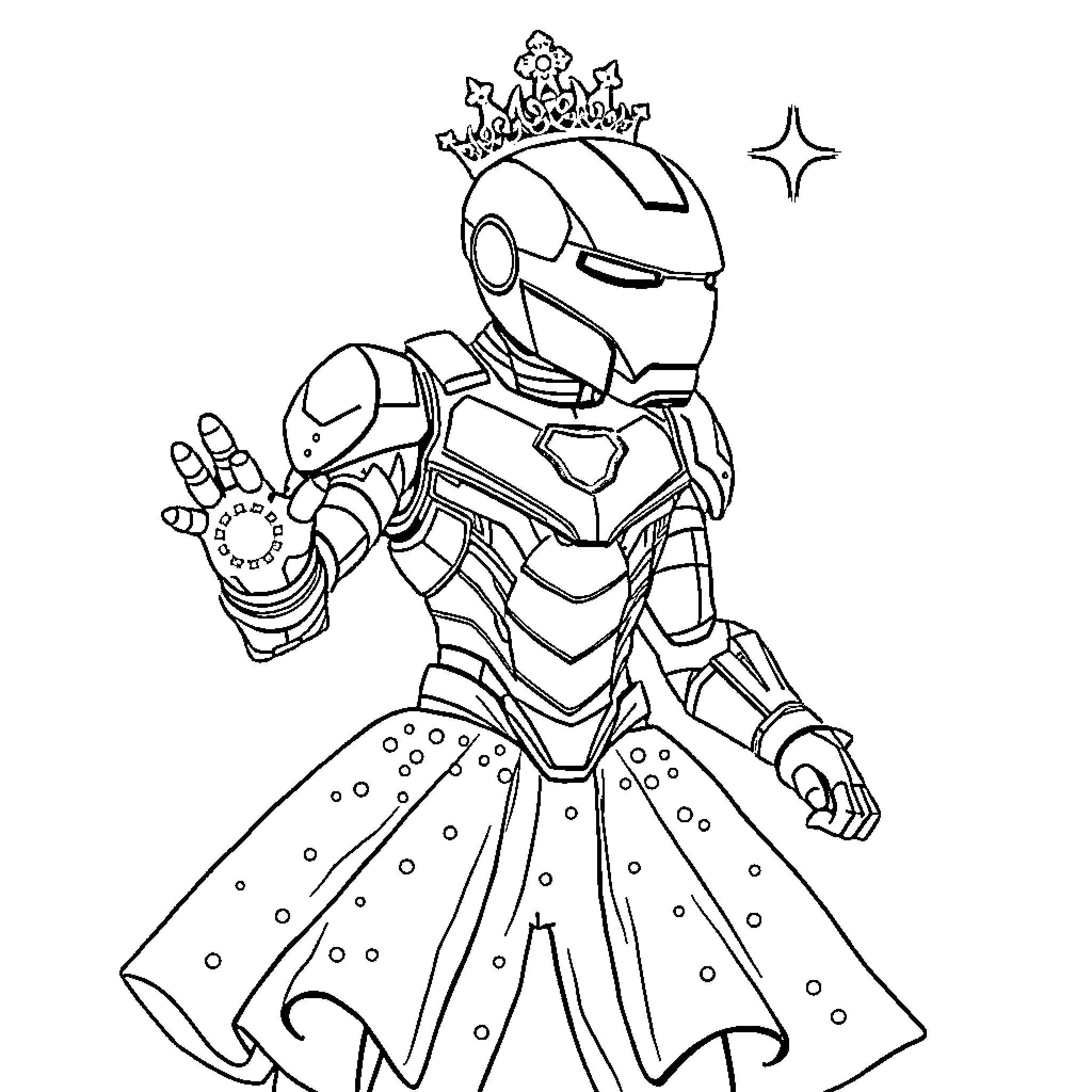 Ironman Superhero in Royal Attire Coloring Page (free black-and-white line drawing printable PDF for all, from beginners to advanced learners, including children, teens, adults, and seniors)